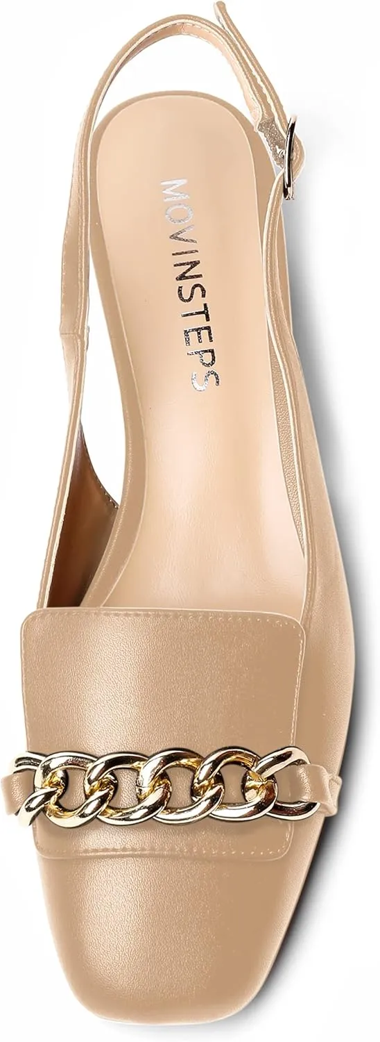 MOVINSTEPS Womens Square Toe Matte Buckle Wedding Metal Solid Dress Adjustable Strap Block Low Heel Pumps Shoes 1.5 Inch
