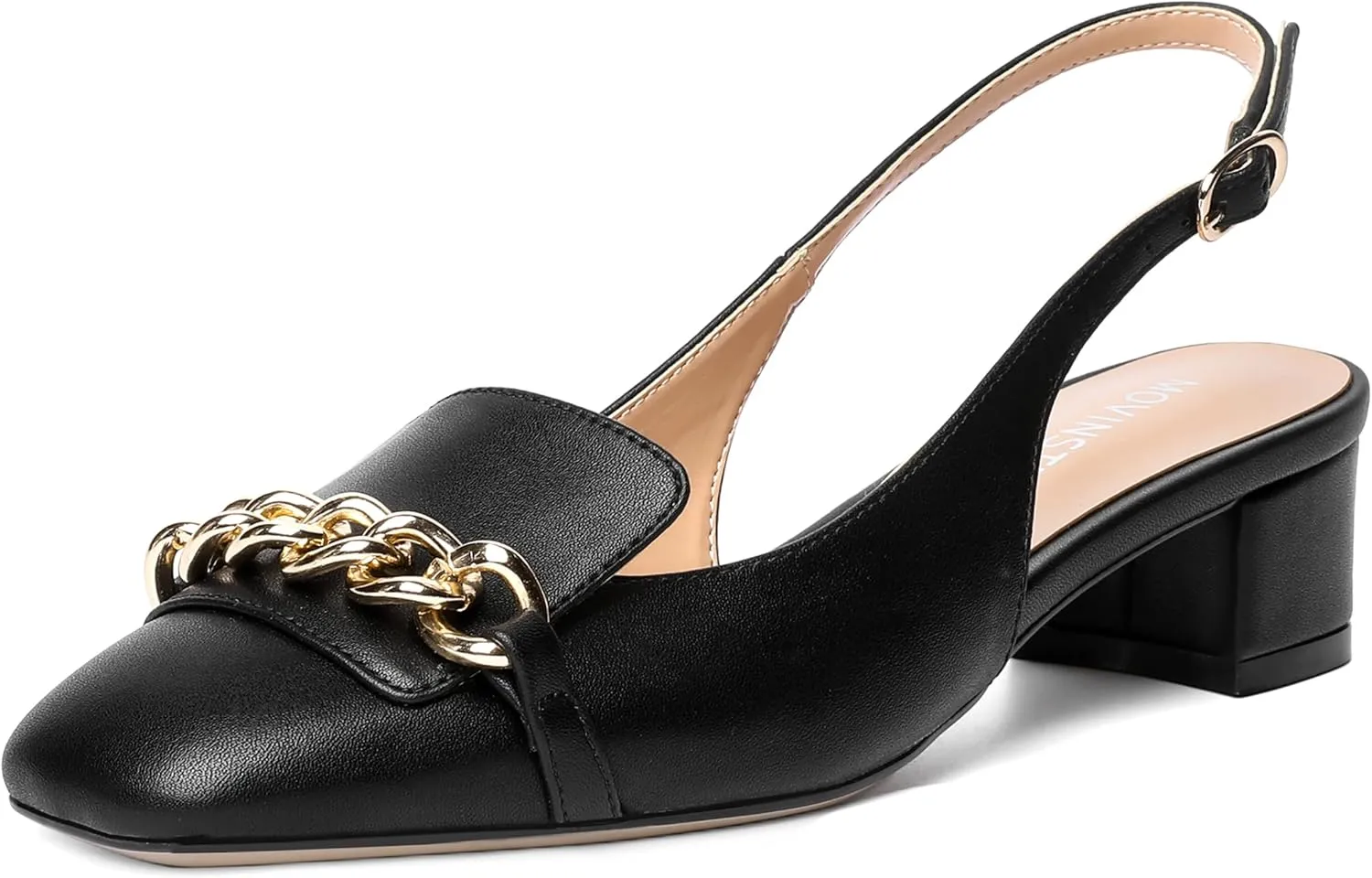 MOVINSTEPS Womens Square Toe Matte Buckle Wedding Metal Solid Dress Adjustable Strap Block Low Heel Pumps Shoes 1.5 Inch