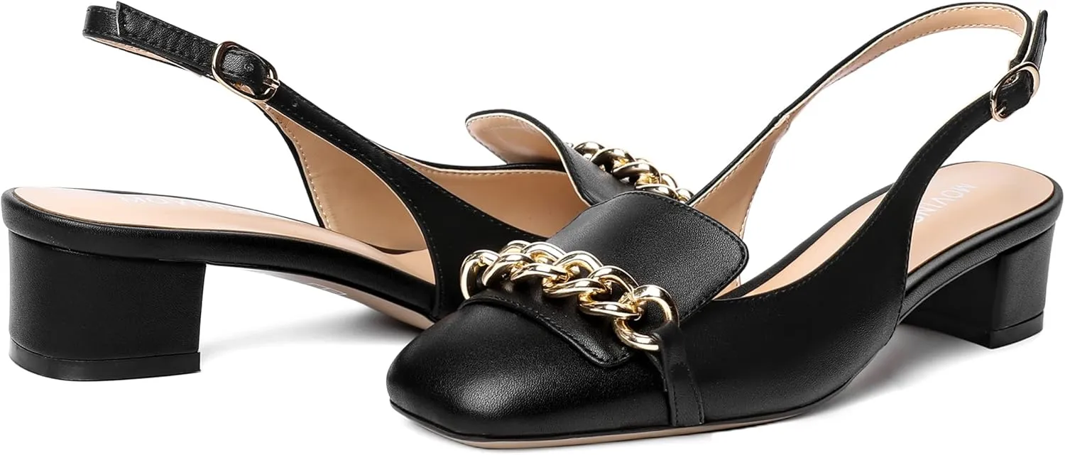 MOVINSTEPS Womens Square Toe Matte Buckle Wedding Metal Solid Dress Adjustable Strap Block Low Heel Pumps Shoes 1.5 Inch