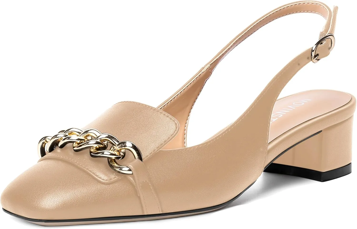 MOVINSTEPS Womens Square Toe Matte Buckle Wedding Metal Solid Dress Adjustable Strap Block Low Heel Pumps Shoes 1.5 Inch