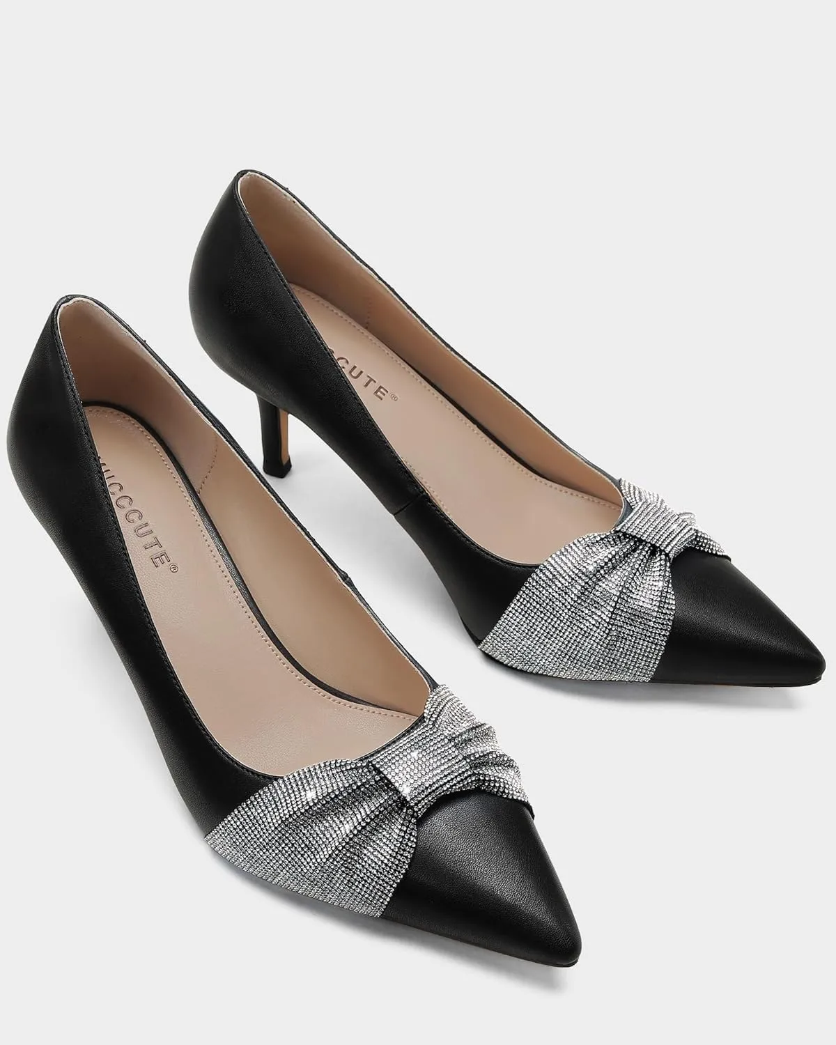 MUCCCUTE Rhinestone Heels Pointed Closed Toe Kitten Heels 2 Inch Sparkly Dress Business Work Pump Shoes for Women with Bow