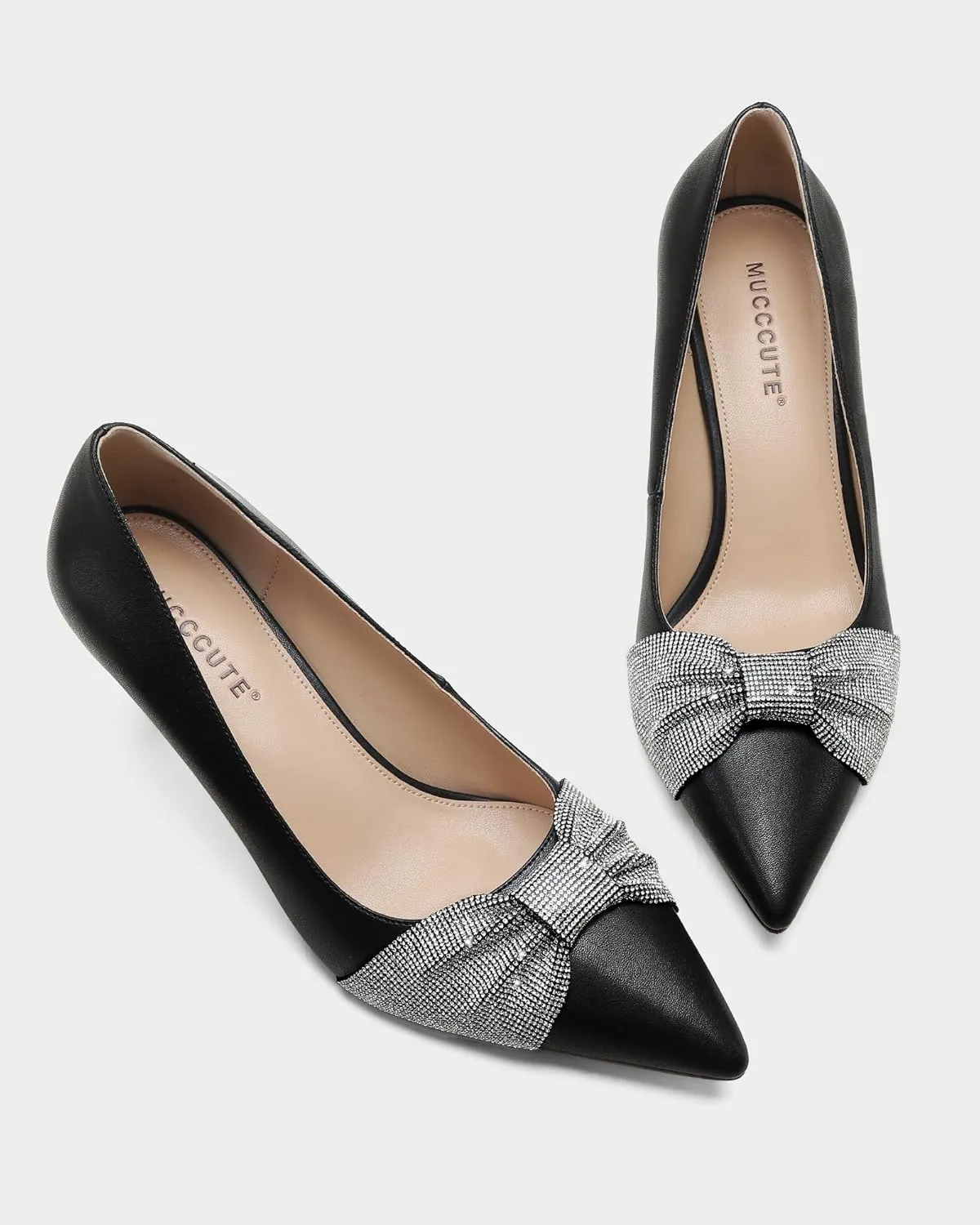MUCCCUTE Rhinestone Heels Pointed Closed Toe Kitten Heels 2 Inch Sparkly Dress Business Work Pump Shoes for Women with Bow