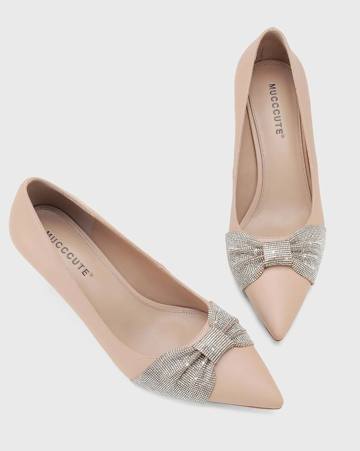 MUCCCUTE Rhinestone Heels Pointed Closed Toe Kitten Heels 2 Inch Sparkly Dress Business Work Pump Shoes for Women with Bow