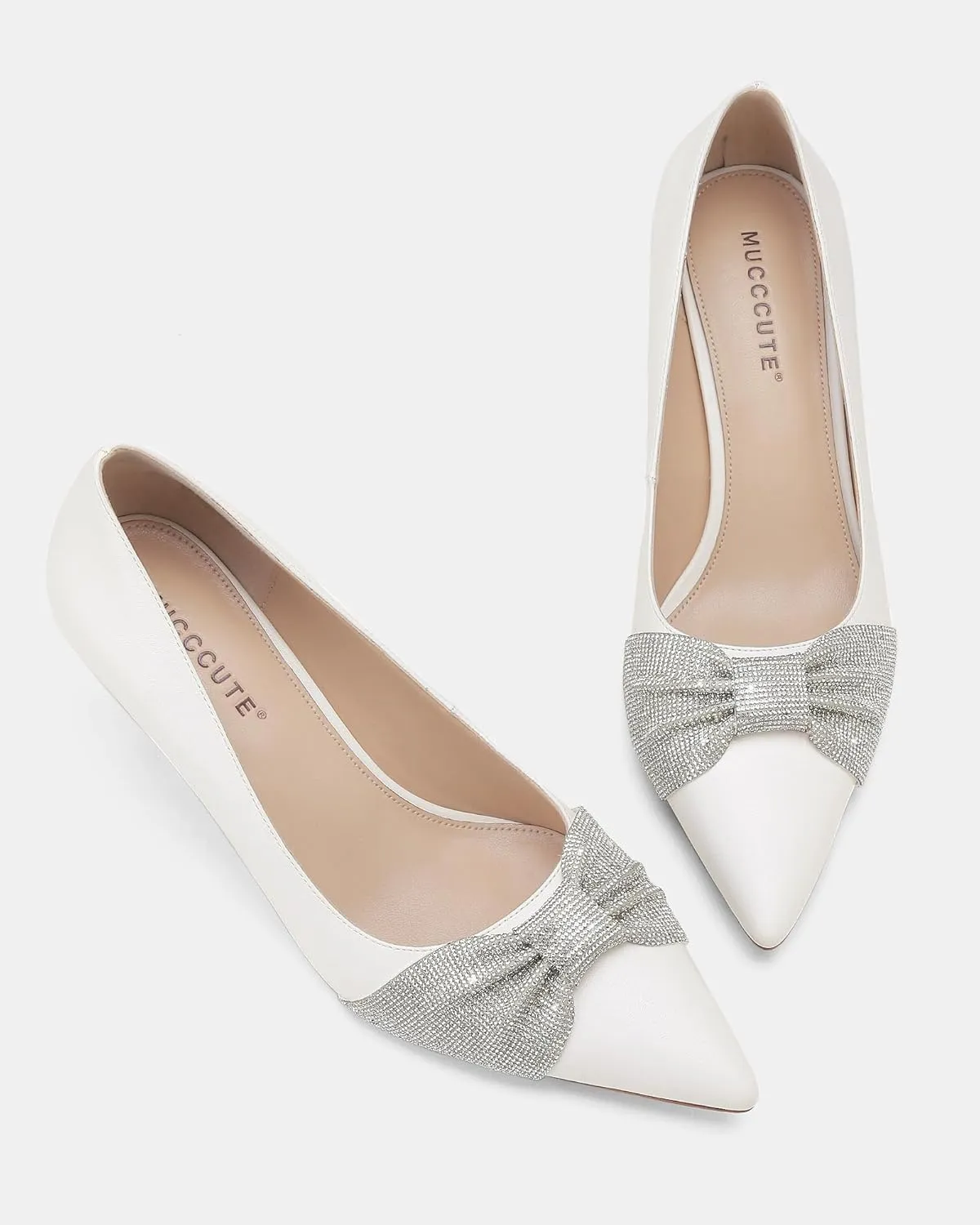 MUCCCUTE Rhinestone Heels Pointed Closed Toe Kitten Heels 2 Inch Sparkly Dress Business Work Pump Shoes for Women with Bow