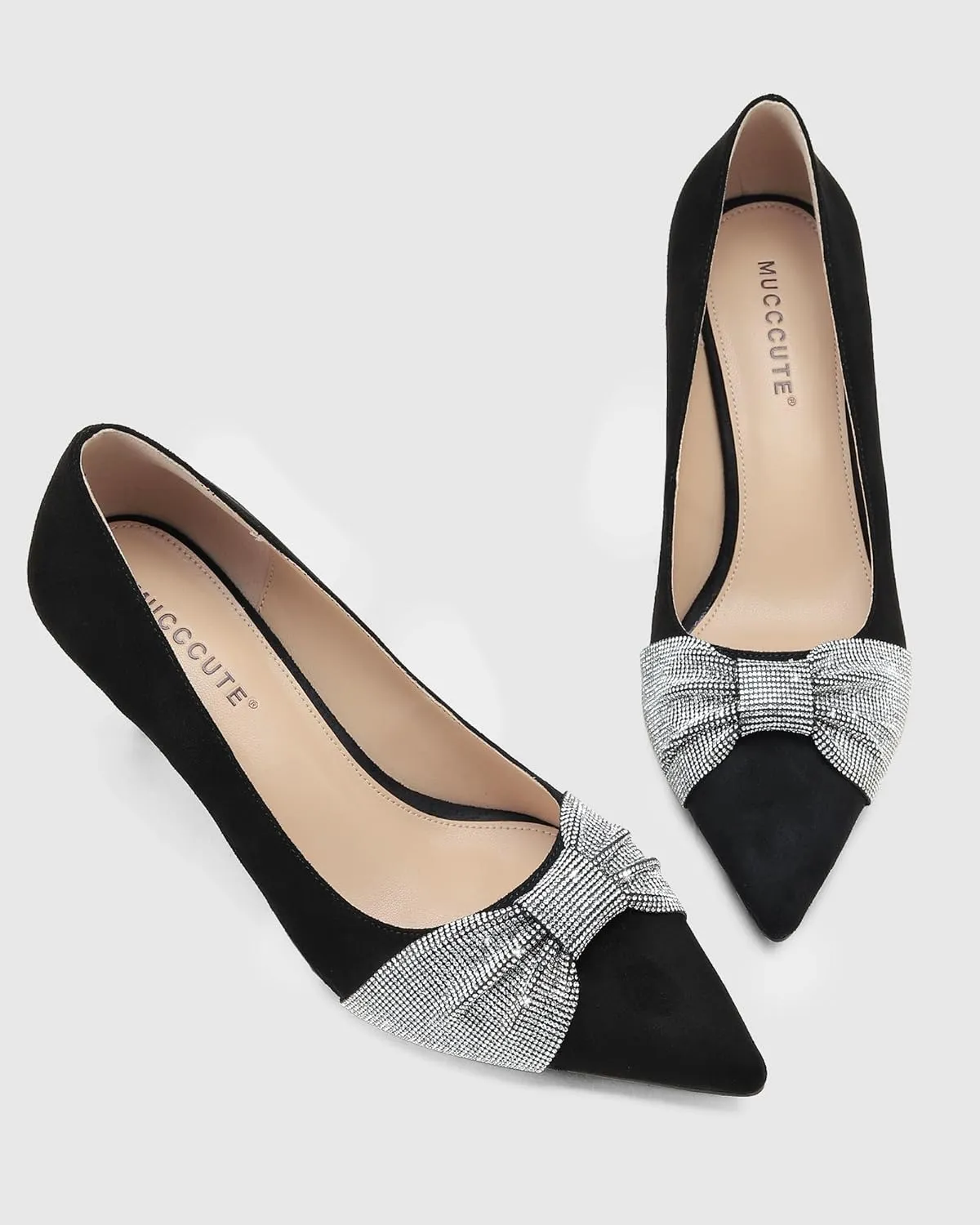 MUCCCUTE Rhinestone Heels Pointed Closed Toe Kitten Heels 2 Inch Sparkly Dress Business Work Pump Shoes for Women with Bow
