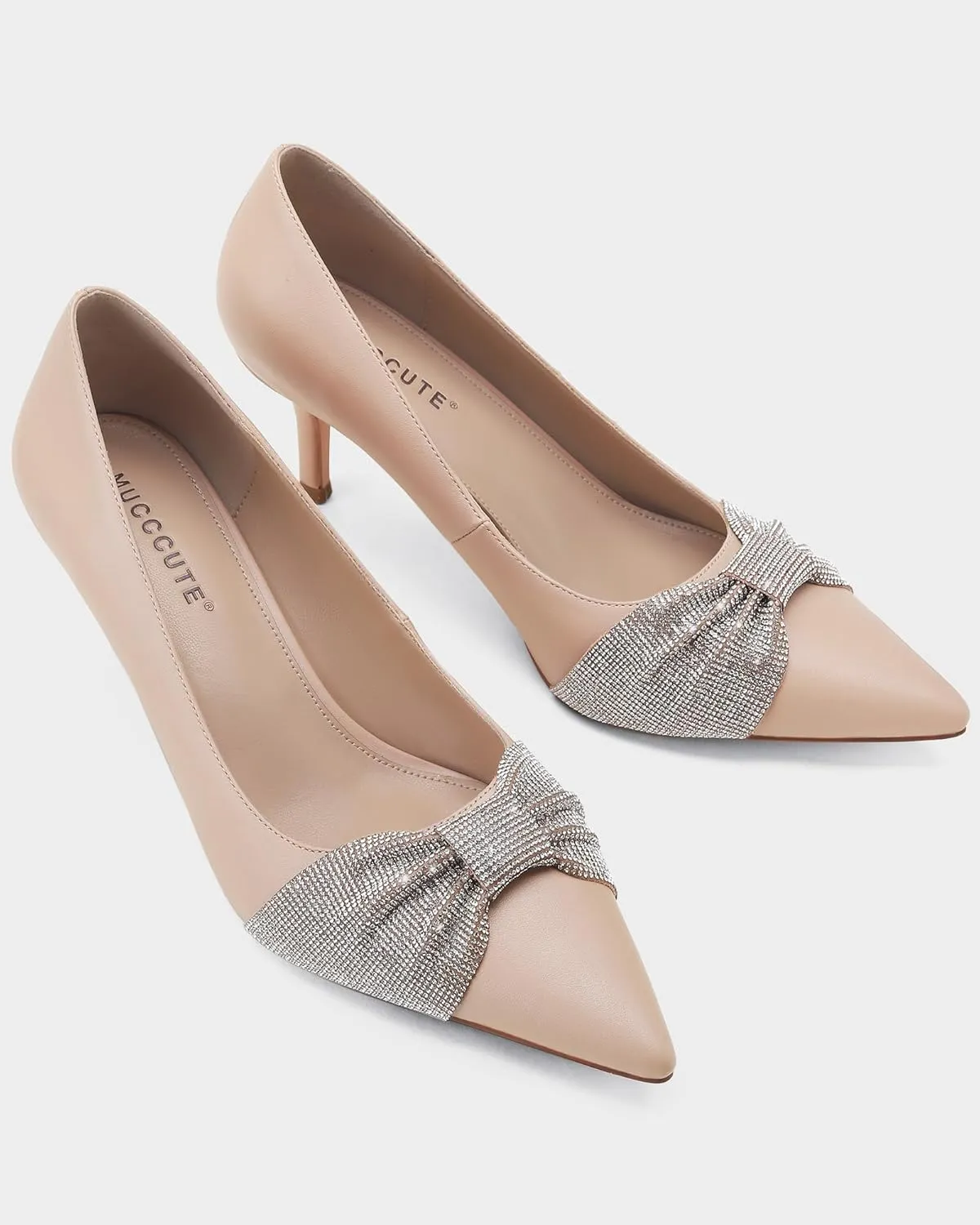 MUCCCUTE Rhinestone Heels Pointed Closed Toe Kitten Heels 2 Inch Sparkly Dress Business Work Pump Shoes for Women with Bow