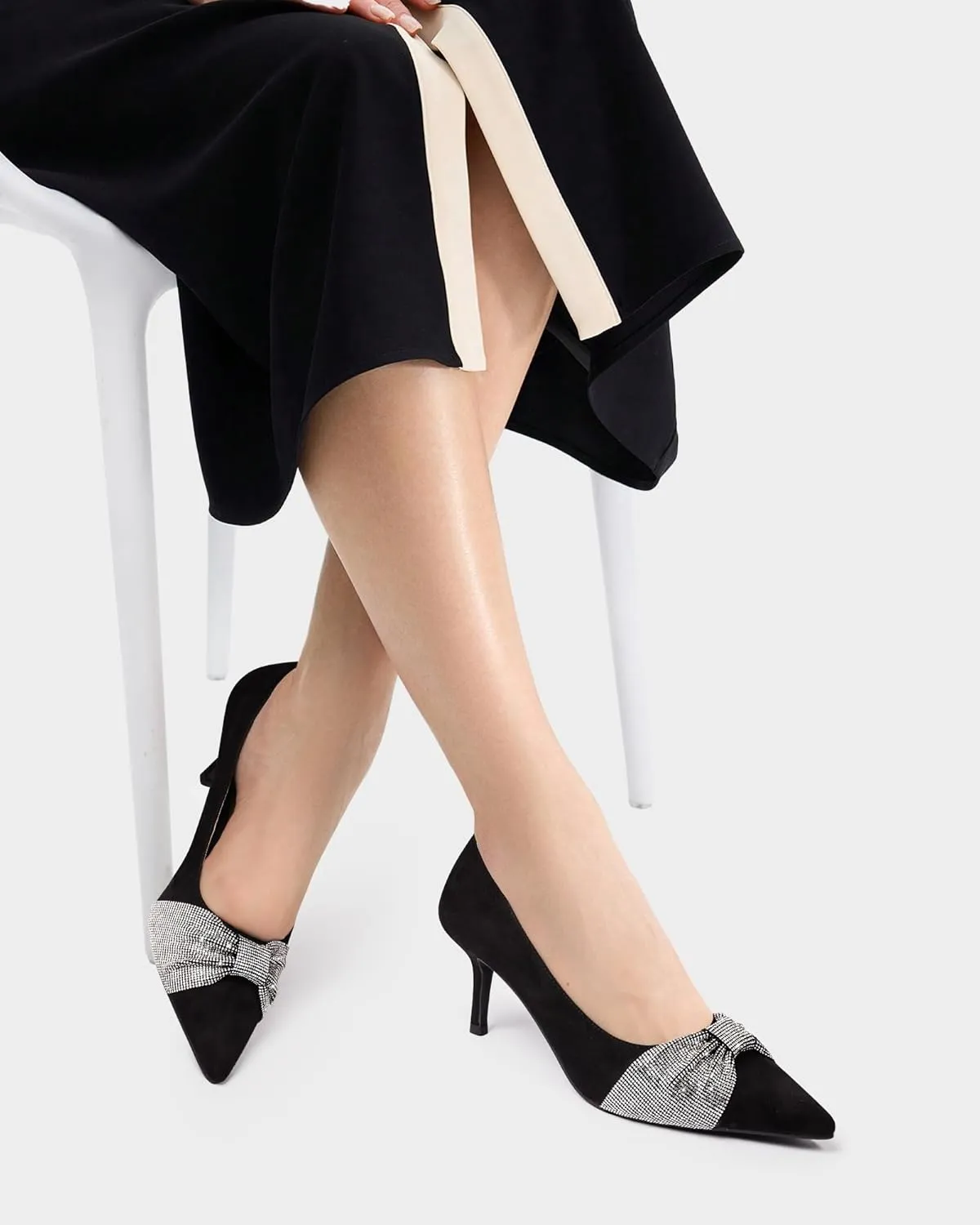 MUCCCUTE Rhinestone Heels Pointed Closed Toe Kitten Heels 2 Inch Sparkly Dress Business Work Pump Shoes for Women with Bow