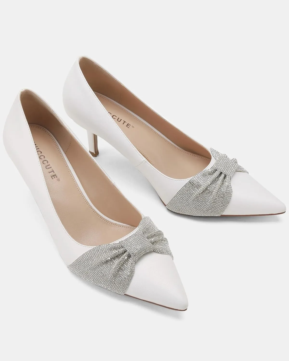 MUCCCUTE Rhinestone Heels Pointed Closed Toe Kitten Heels 2 Inch Sparkly Dress Business Work Pump Shoes for Women with Bow