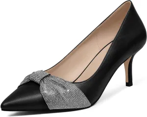 MUCCCUTE Rhinestone Heels Pointed Closed Toe Kitten Heels 2 Inch Sparkly Dress Business Work Pump Shoes for Women with Bow