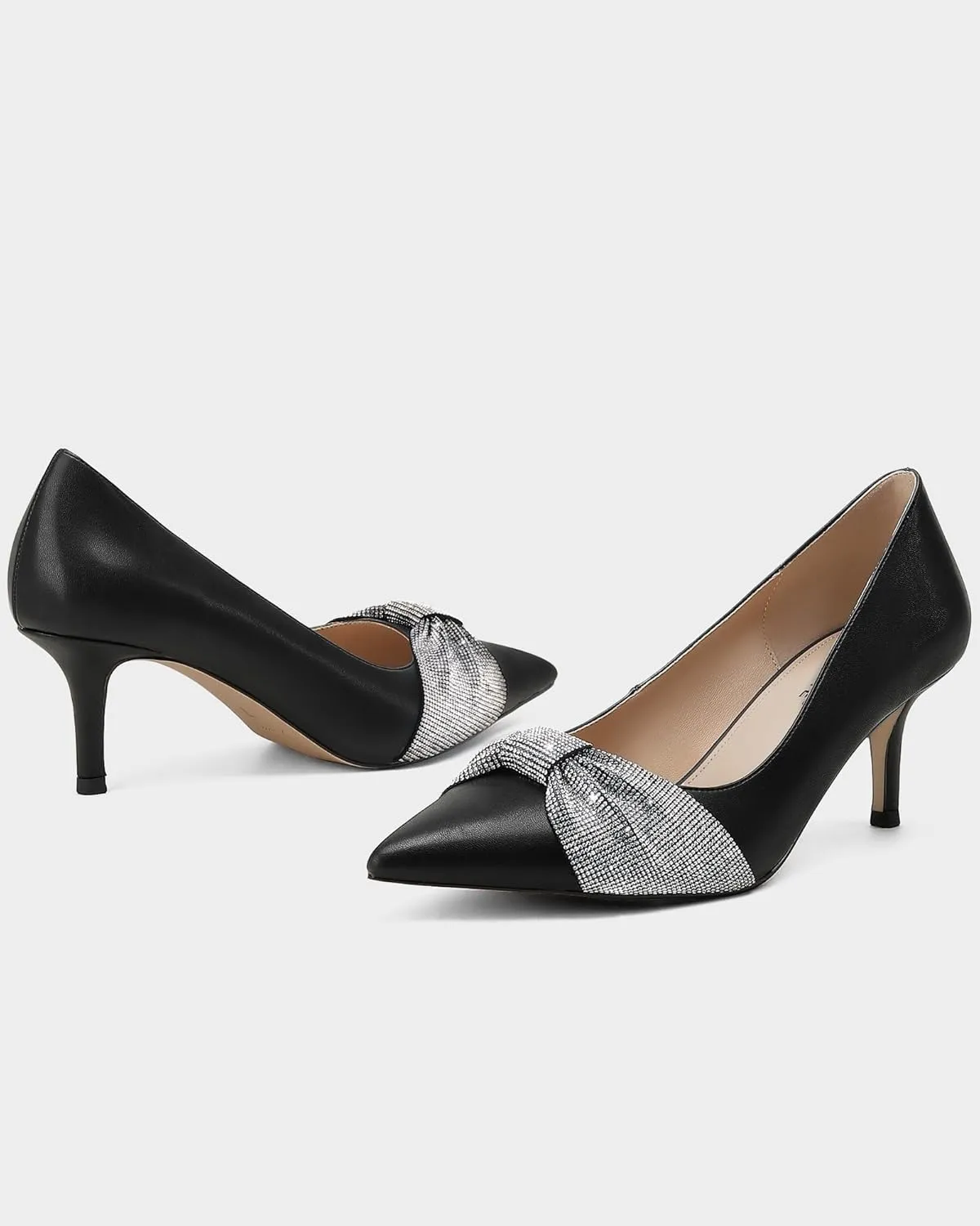 MUCCCUTE Rhinestone Heels Pointed Closed Toe Kitten Heels 2 Inch Sparkly Dress Business Work Pump Shoes for Women with Bow
