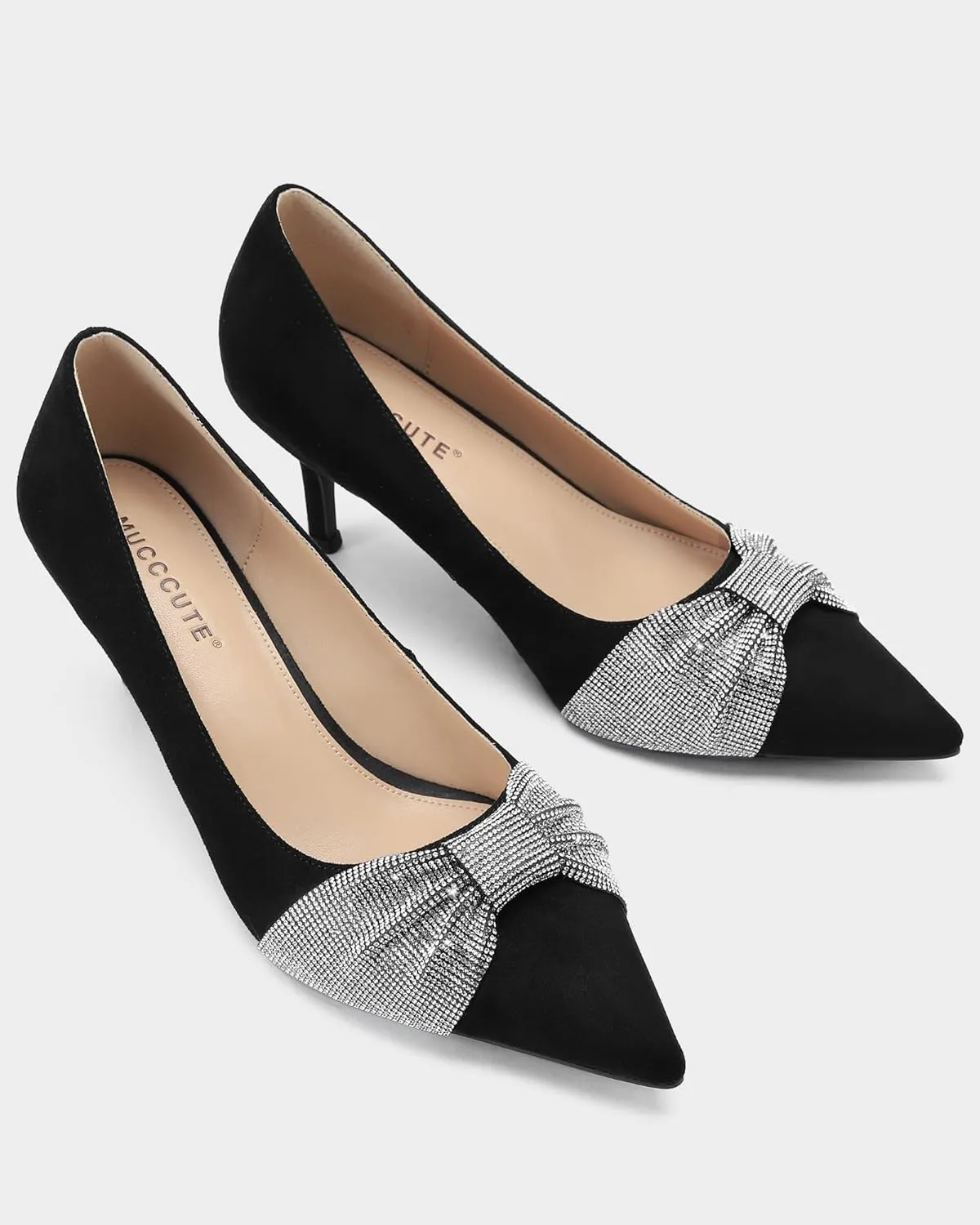 MUCCCUTE Rhinestone Heels Pointed Closed Toe Kitten Heels 2 Inch Sparkly Dress Business Work Pump Shoes for Women with Bow