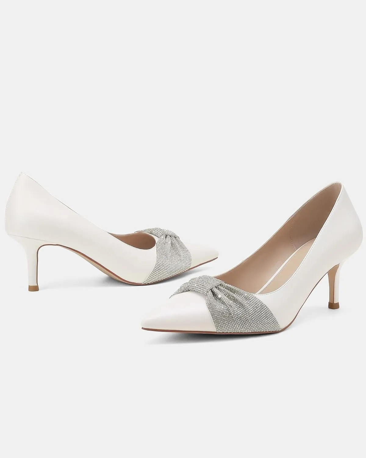 MUCCCUTE Rhinestone Heels Pointed Closed Toe Kitten Heels 2 Inch Sparkly Dress Business Work Pump Shoes for Women with Bow