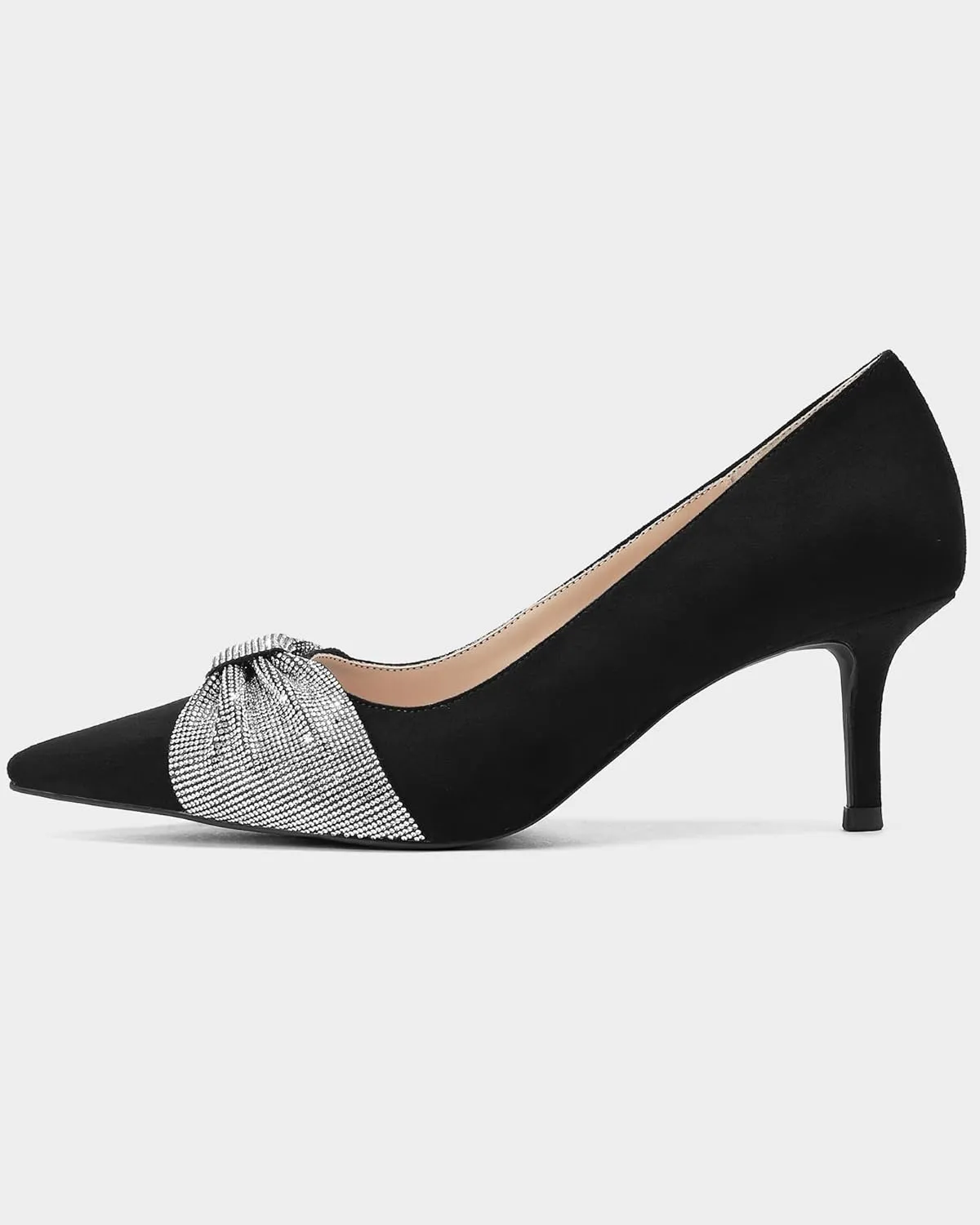 MUCCCUTE Rhinestone Heels Pointed Closed Toe Kitten Heels 2 Inch Sparkly Dress Business Work Pump Shoes for Women with Bow