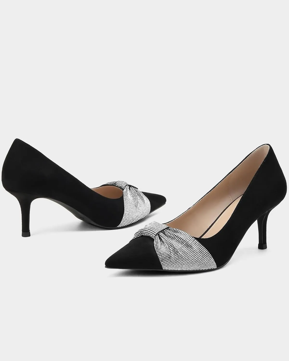 MUCCCUTE Rhinestone Heels Pointed Closed Toe Kitten Heels 2 Inch Sparkly Dress Business Work Pump Shoes for Women with Bow