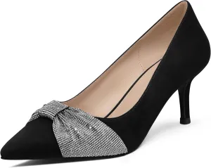 MUCCCUTE Rhinestone Heels Pointed Closed Toe Kitten Heels 2 Inch Sparkly Dress Business Work Pump Shoes for Women with Bow