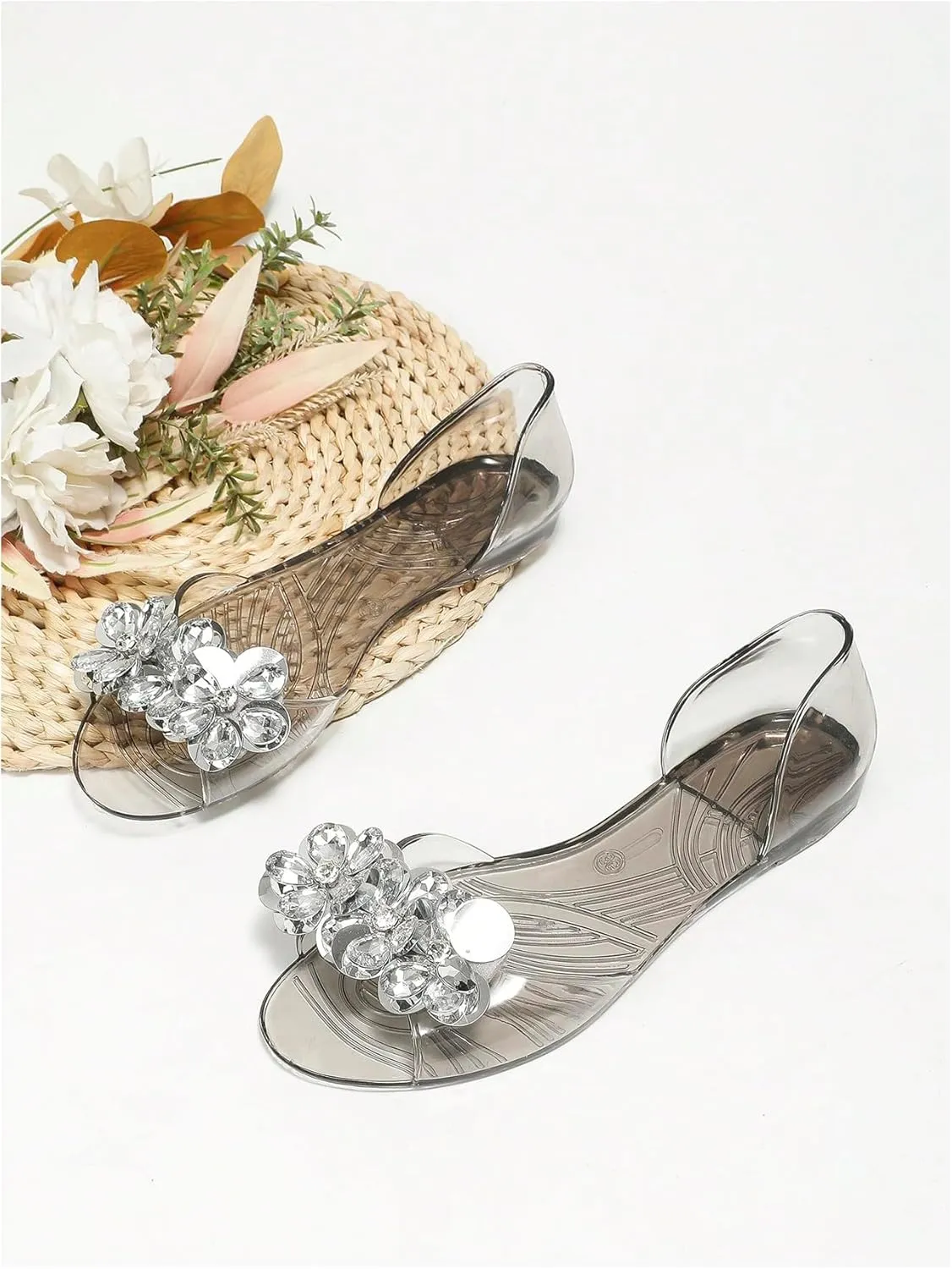 OYOANGLE Women's Rhinestone Jelly Shoes Cute Open Toe Comfy Crystal Sandals Clear Non-slip Outdoor Flats