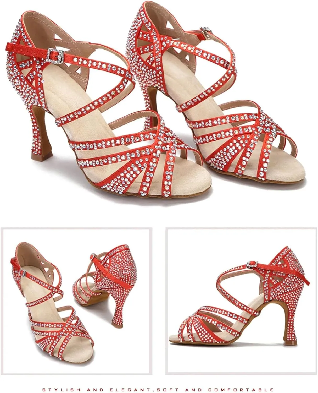 Rhinestone Satin Dance Shoes - Soft Bottom Sandals with 9CM (3.54") Heels for Ballroom, Party, Wedding