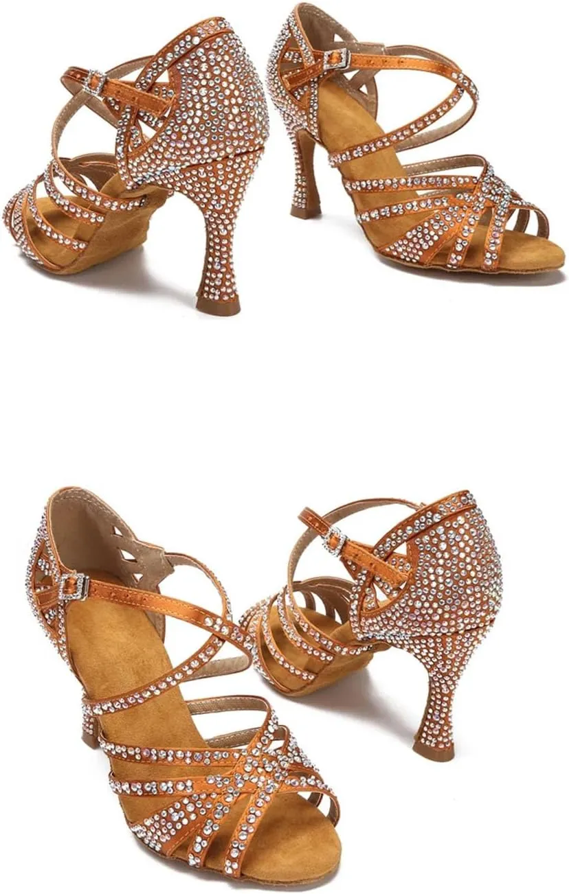 Rhinestone Satin Dance Shoes - Soft Bottom Sandals with 9CM (3.54") Heels for Ballroom, Party, Wedding