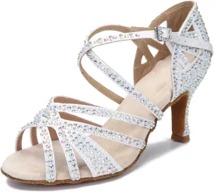 Rhinestone Satin Dance Shoes - Soft Bottom Sandals with 9CM (3.54") Heels for Ballroom, Party, Wedding