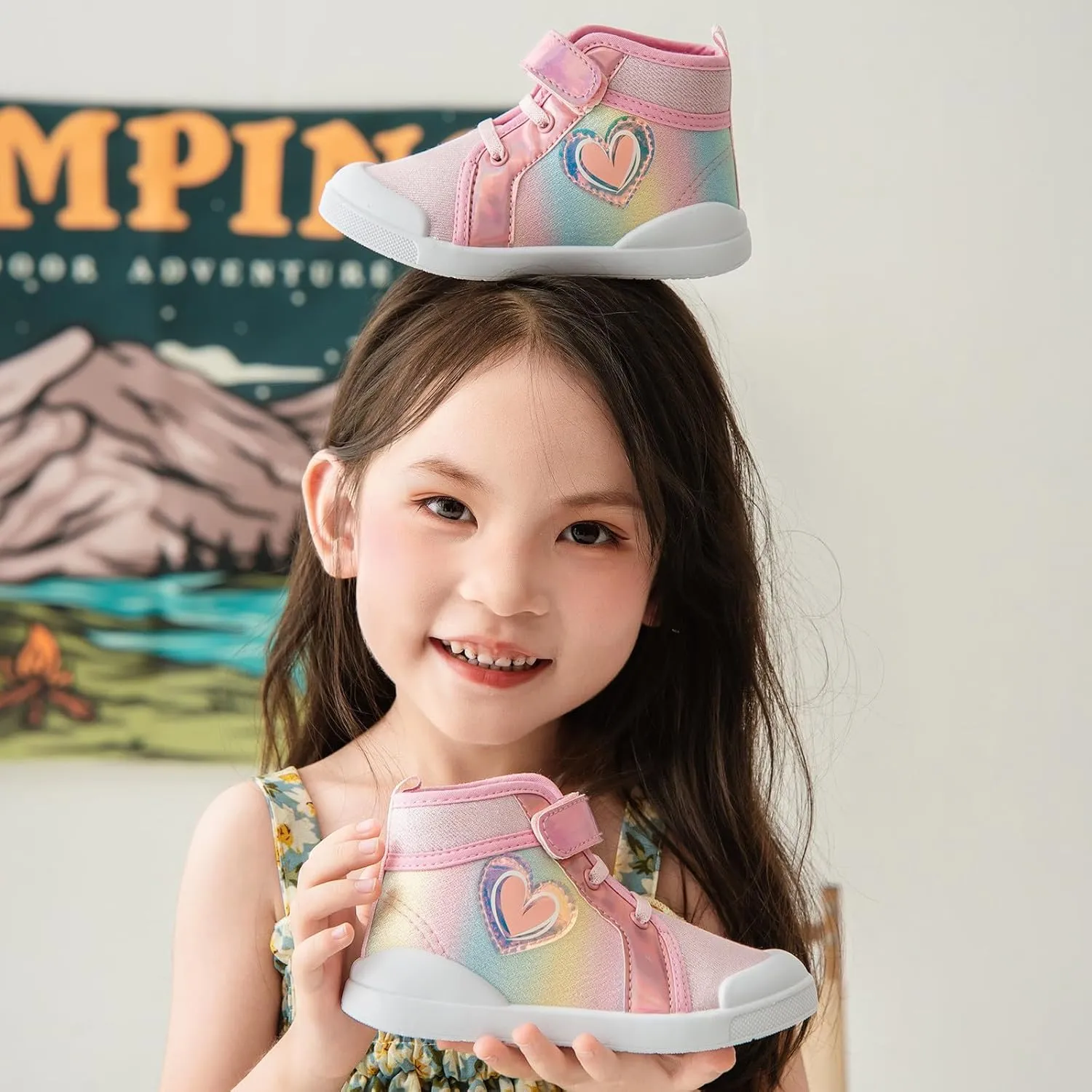 Toddler Girls Heart Pattern High Top Canvas Sneakers Kids Sequin Sparkly Glitter Walking Running Bog Winter Boots Kids