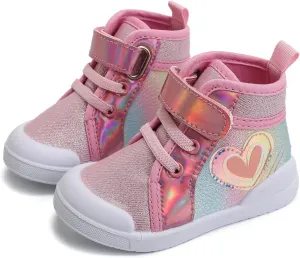 Toddler Girls Heart Pattern High Top Canvas Sneakers Kids Sequin Sparkly Glitter Walking Running Bog Winter Boots Kids