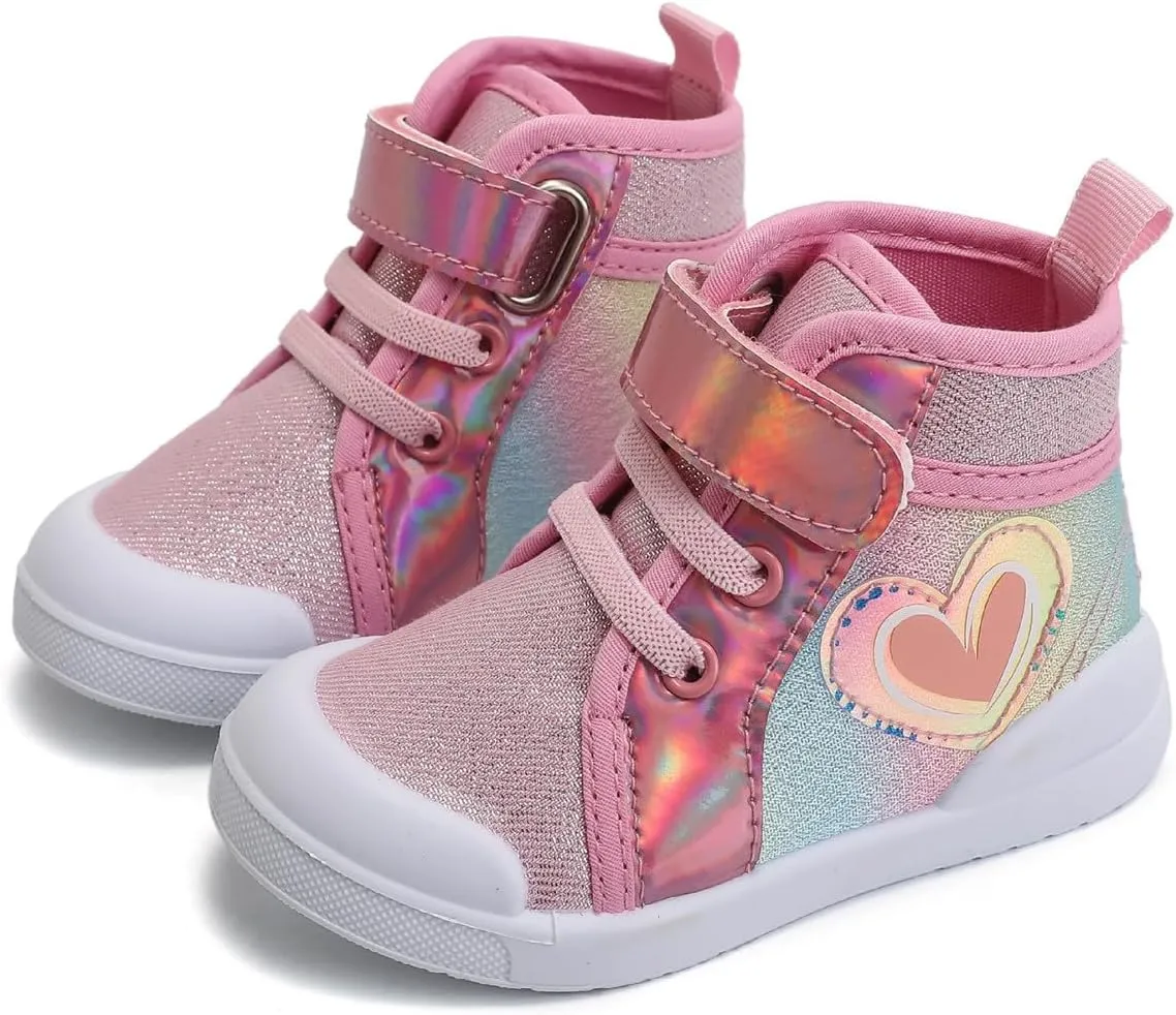Toddler Girls Heart Pattern High Top Canvas Sneakers Kids Sequin Sparkly Glitter Walking Running Bog Winter Boots Kids