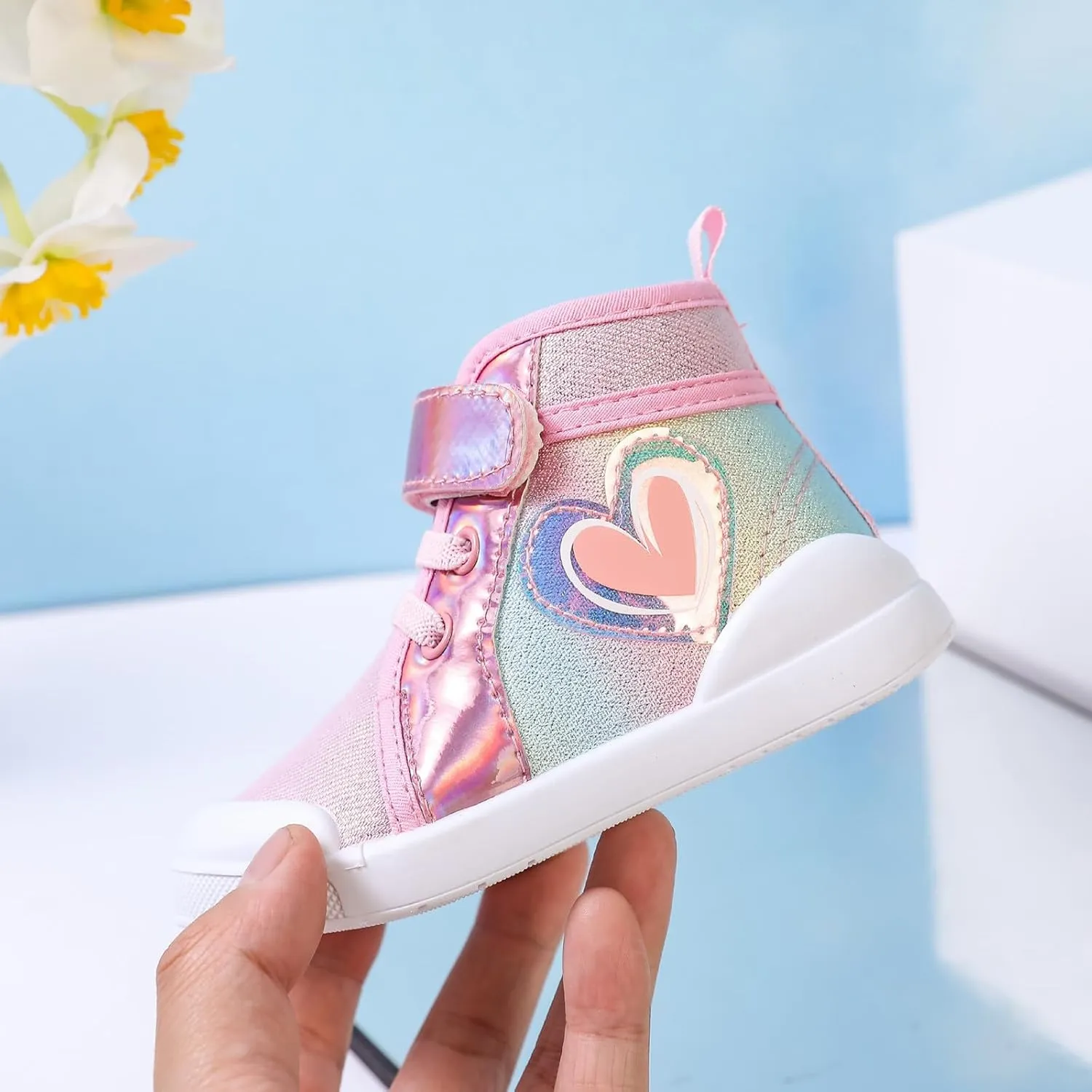 Toddler Girls Heart Pattern High Top Canvas Sneakers Kids Sequin Sparkly Glitter Walking Running Bog Winter Boots Kids