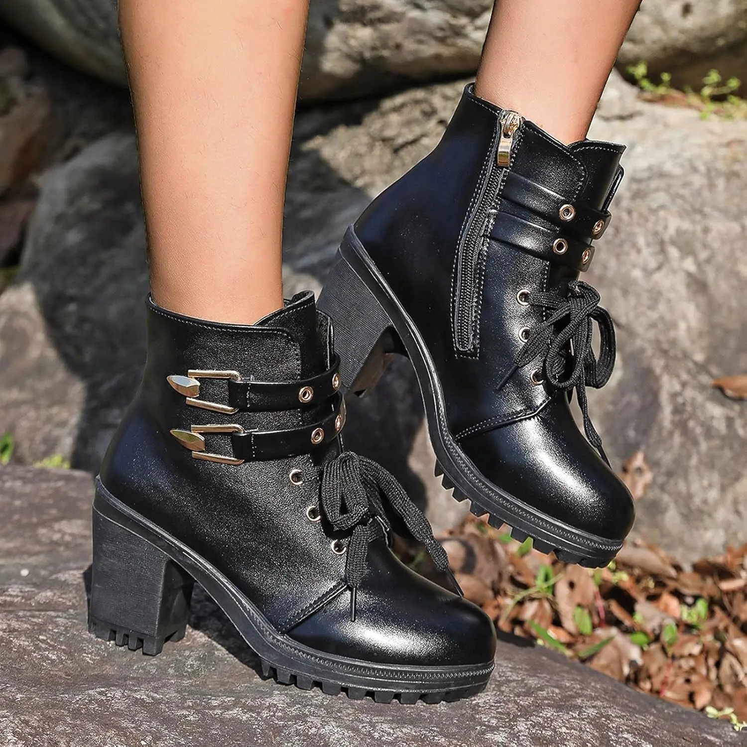 Victorian Boots for Women Chunky Heel Short Ankle Boots Women's Lace Up Booties Side Zipper Riding Short Boots Dress Shoes