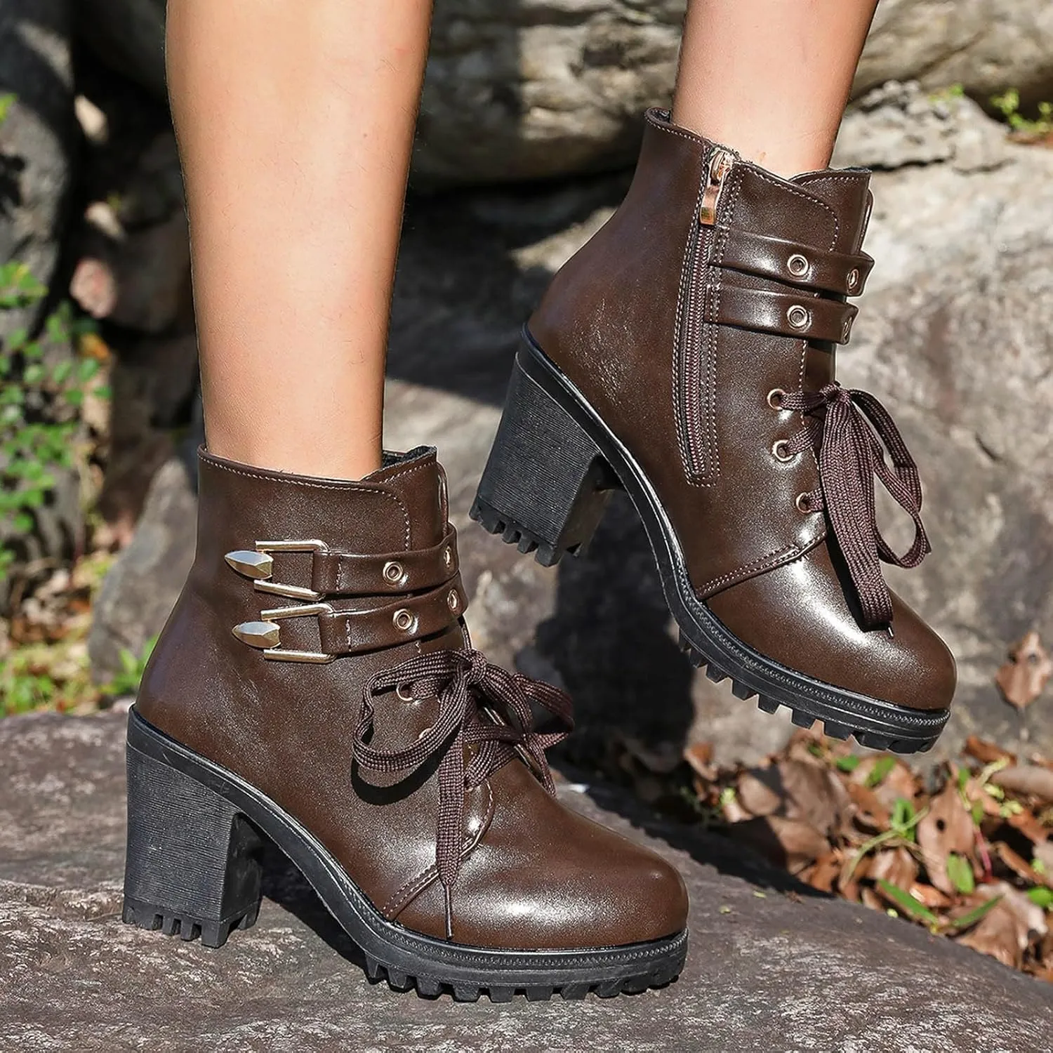 Victorian Boots for Women Chunky Heel Short Ankle Boots Women's Lace Up Booties Side Zipper Riding Short Boots Dress Shoes