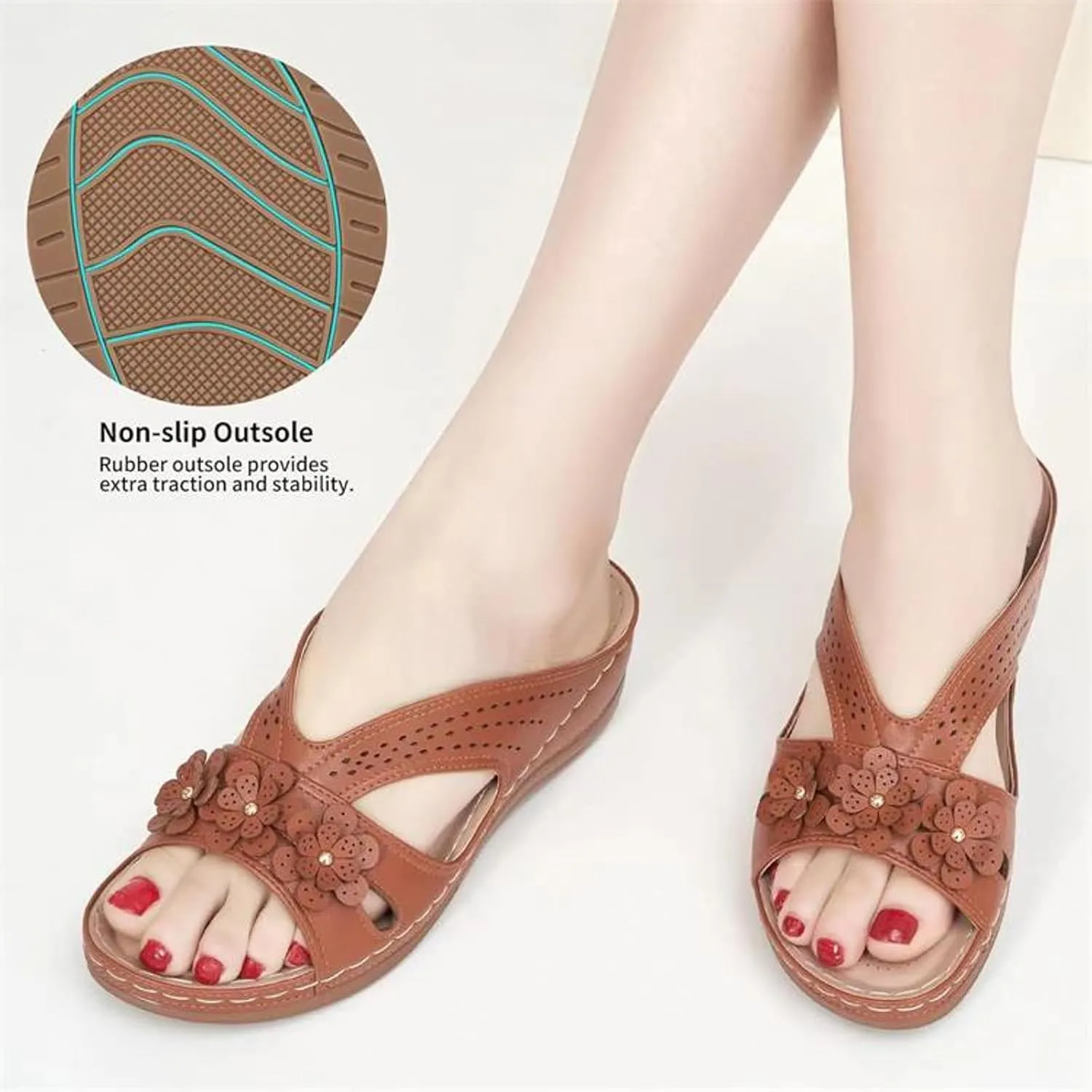 Wedge Sandals for Women 2025 Dressy Comfortable Soft Leather Summer Sandal Rubber Sole Slip on Casual Floral Walking Shoes