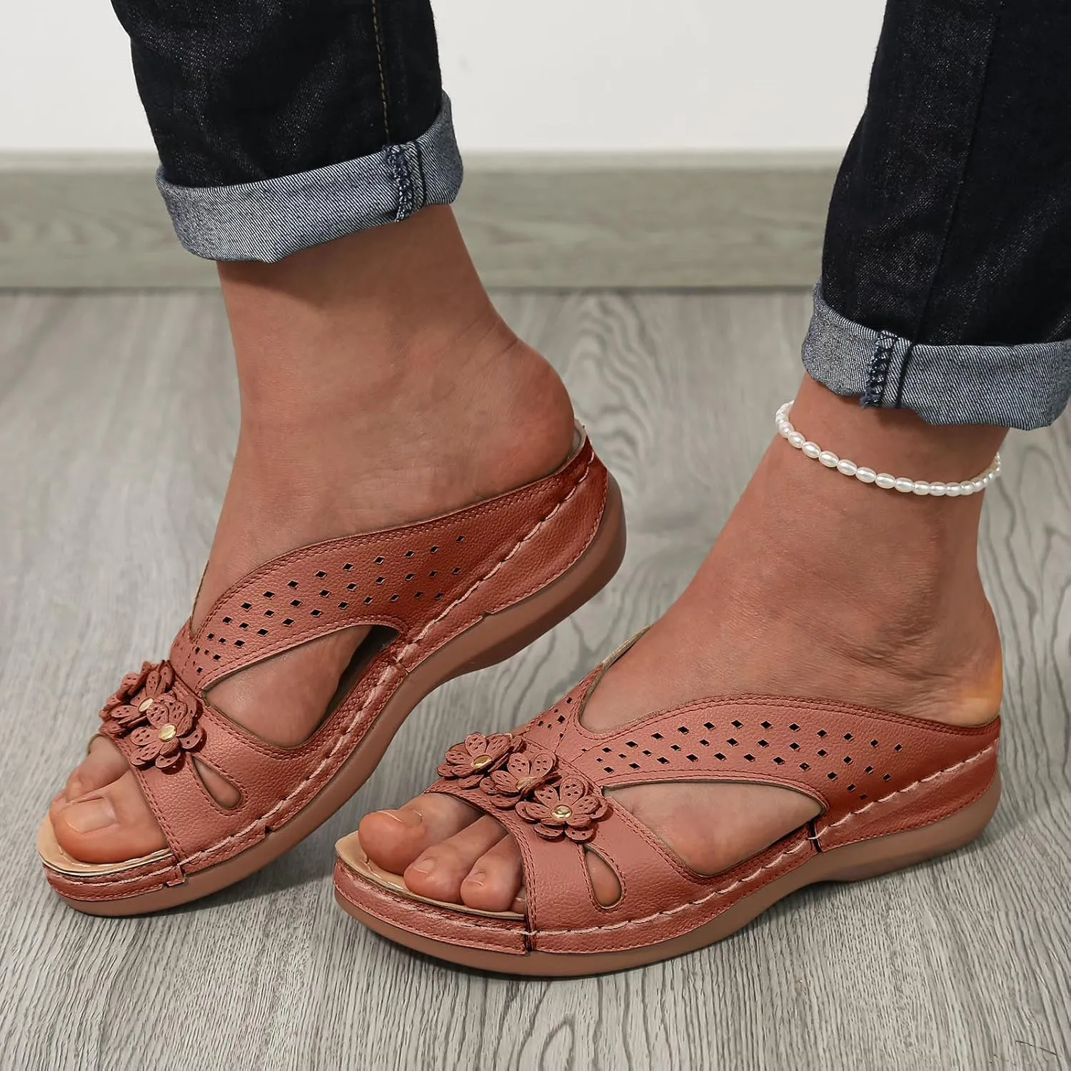 Wedge Sandals for Women 2025 Dressy Comfortable Soft Leather Summer Sandal Rubber Sole Slip on Casual Floral Walking Shoes
