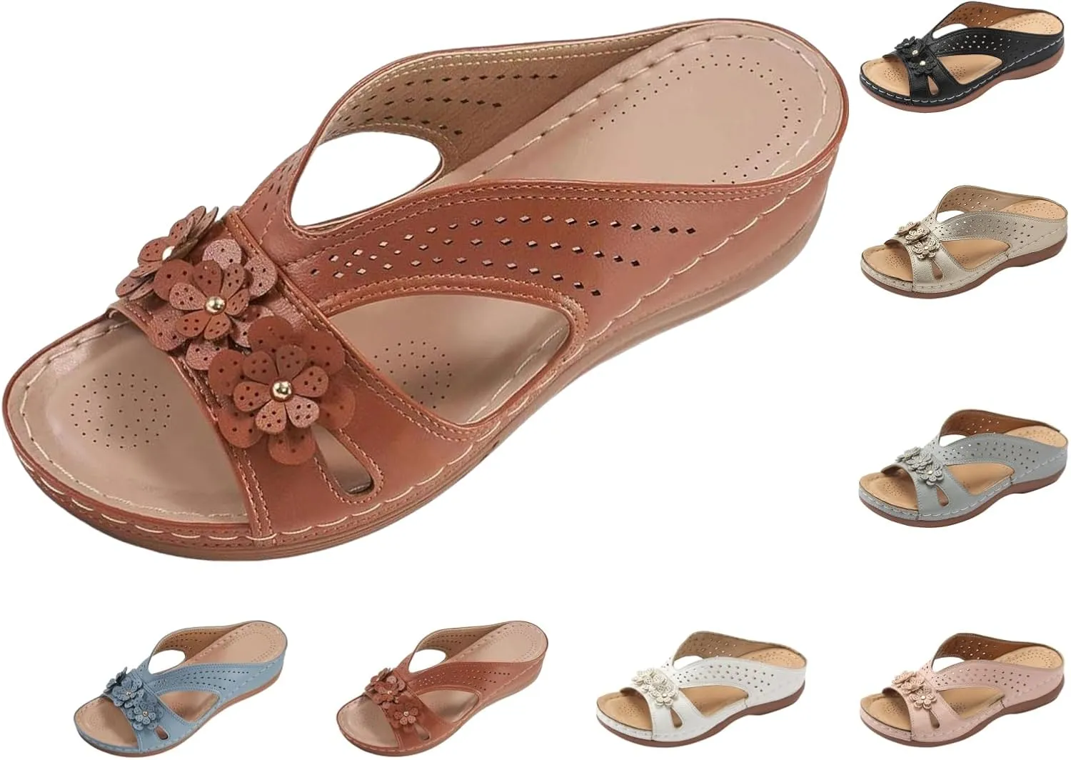 Wedge Sandals for Women 2025 Dressy Comfortable Soft Leather Summer Sandal Rubber Sole Slip on Casual Floral Walking Shoes