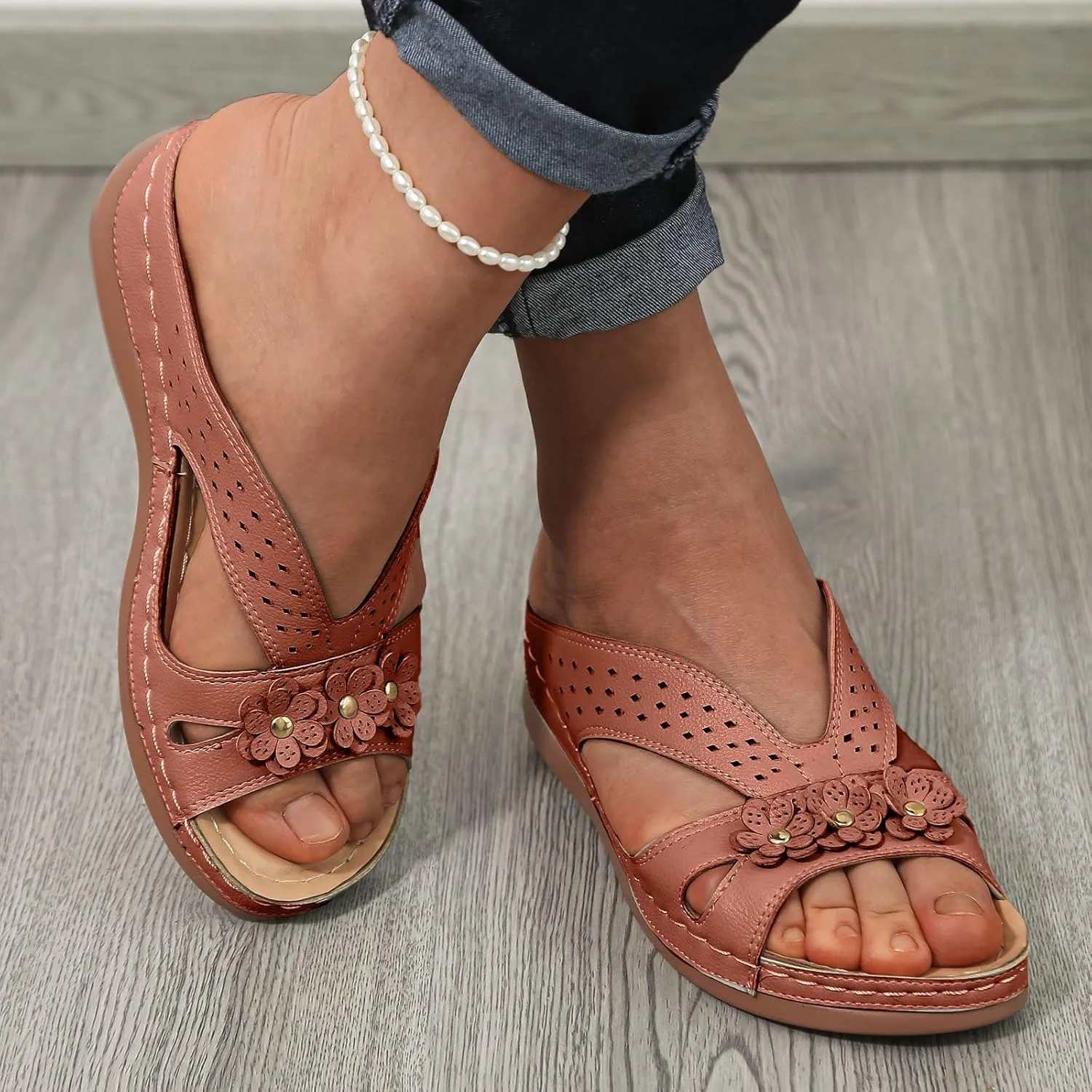 Wedge Sandals for Women 2025 Dressy Comfortable Soft Leather Summer Sandal Rubber Sole Slip on Casual Floral Walking Shoes