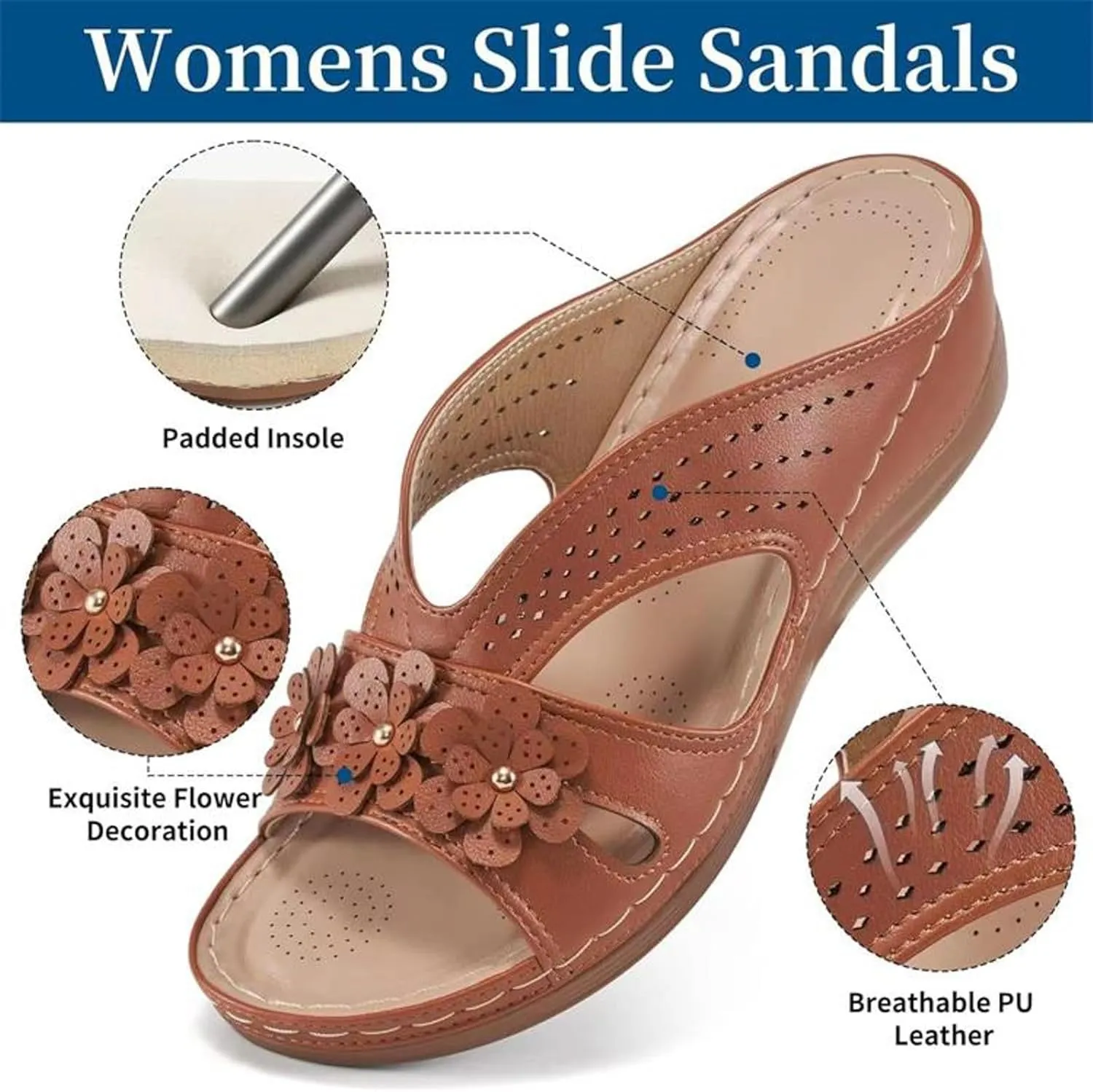 Wedge Sandals for Women 2025 Dressy Comfortable Soft Leather Summer Sandal Rubber Sole Slip on Casual Floral Walking Shoes