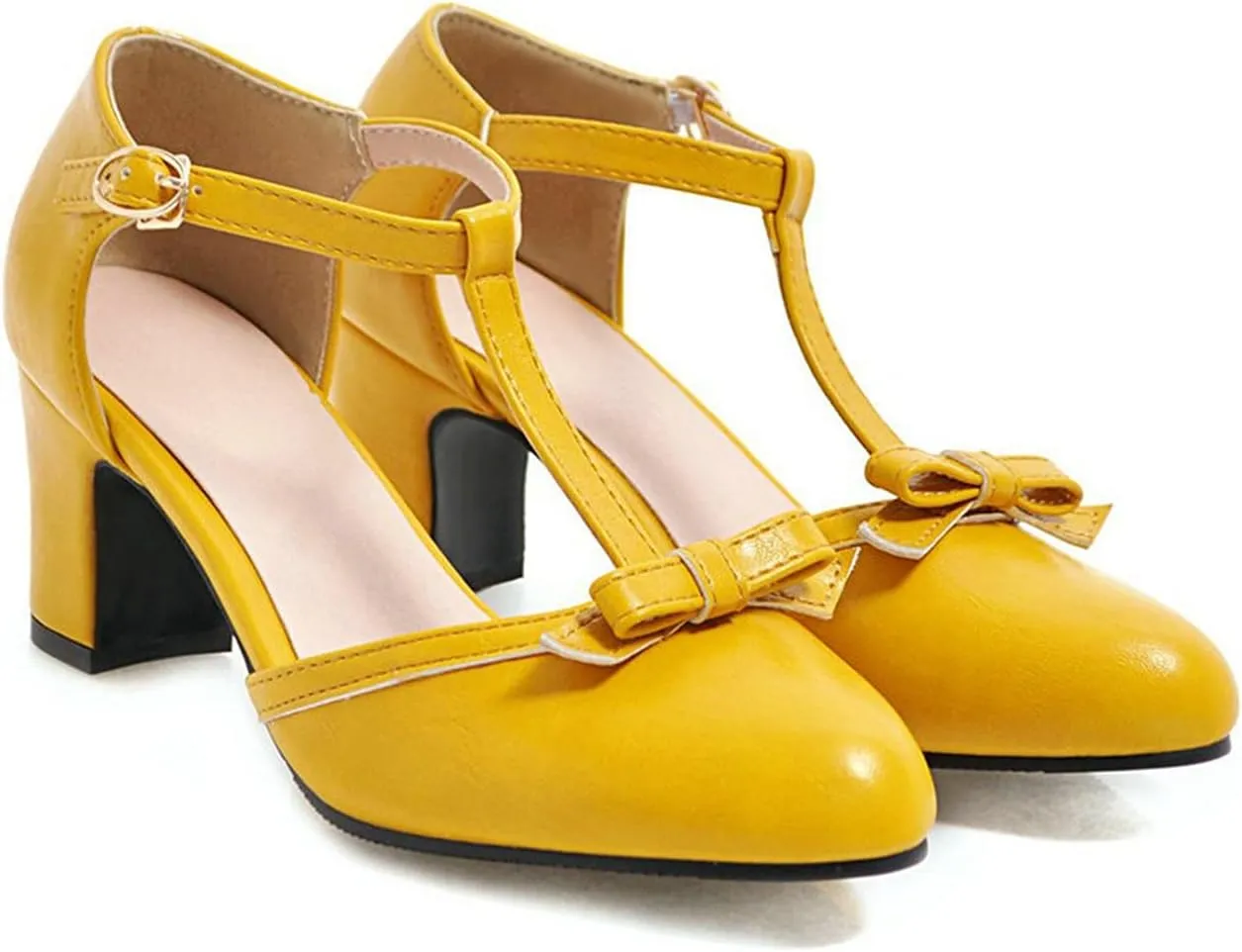 Womens Ankle T-Strap Pumps Bowknot Closed Toe Sandals Buckle Comfy Casual Block Mid Heel Dress Shoes
