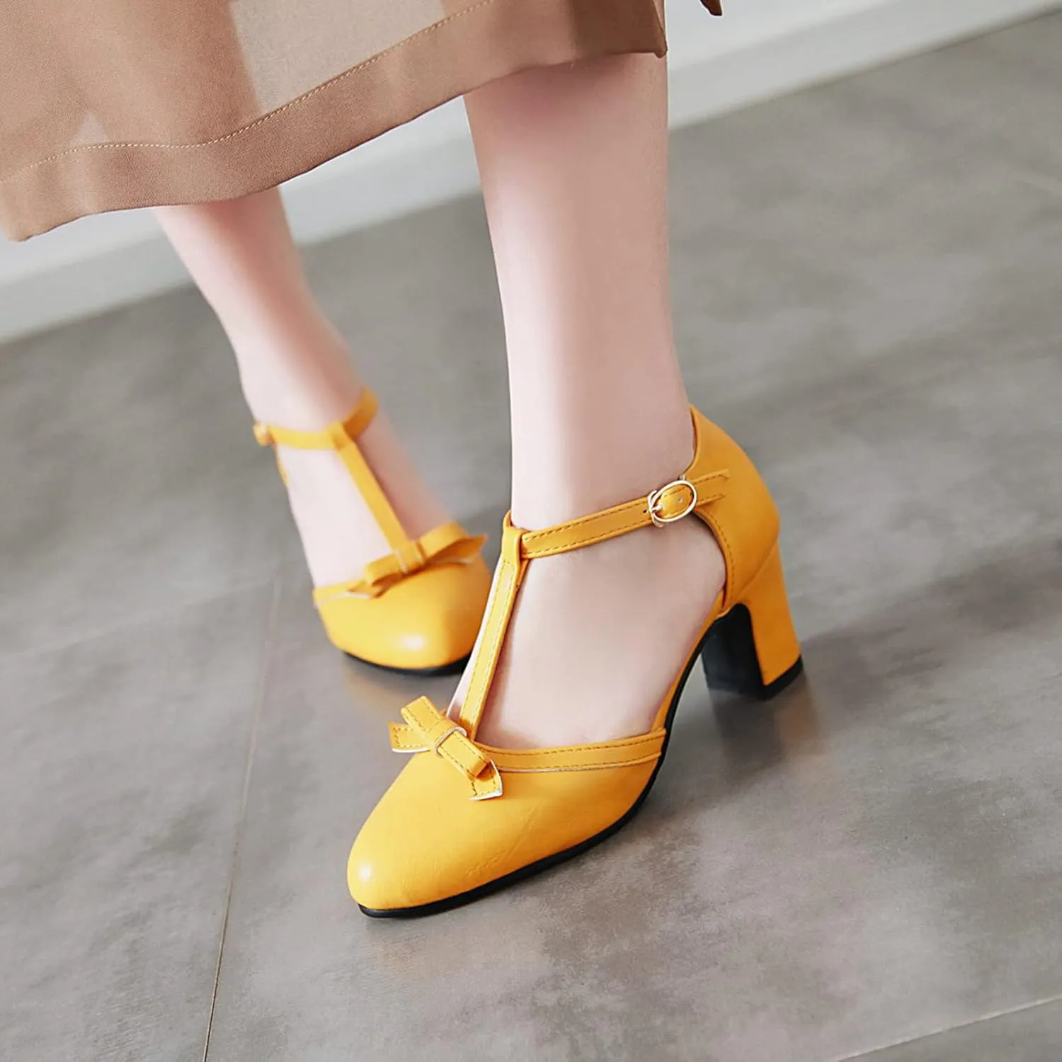 Womens Ankle T-Strap Pumps Bowknot Closed Toe Sandals Buckle Comfy Casual Block Mid Heel Dress Shoes