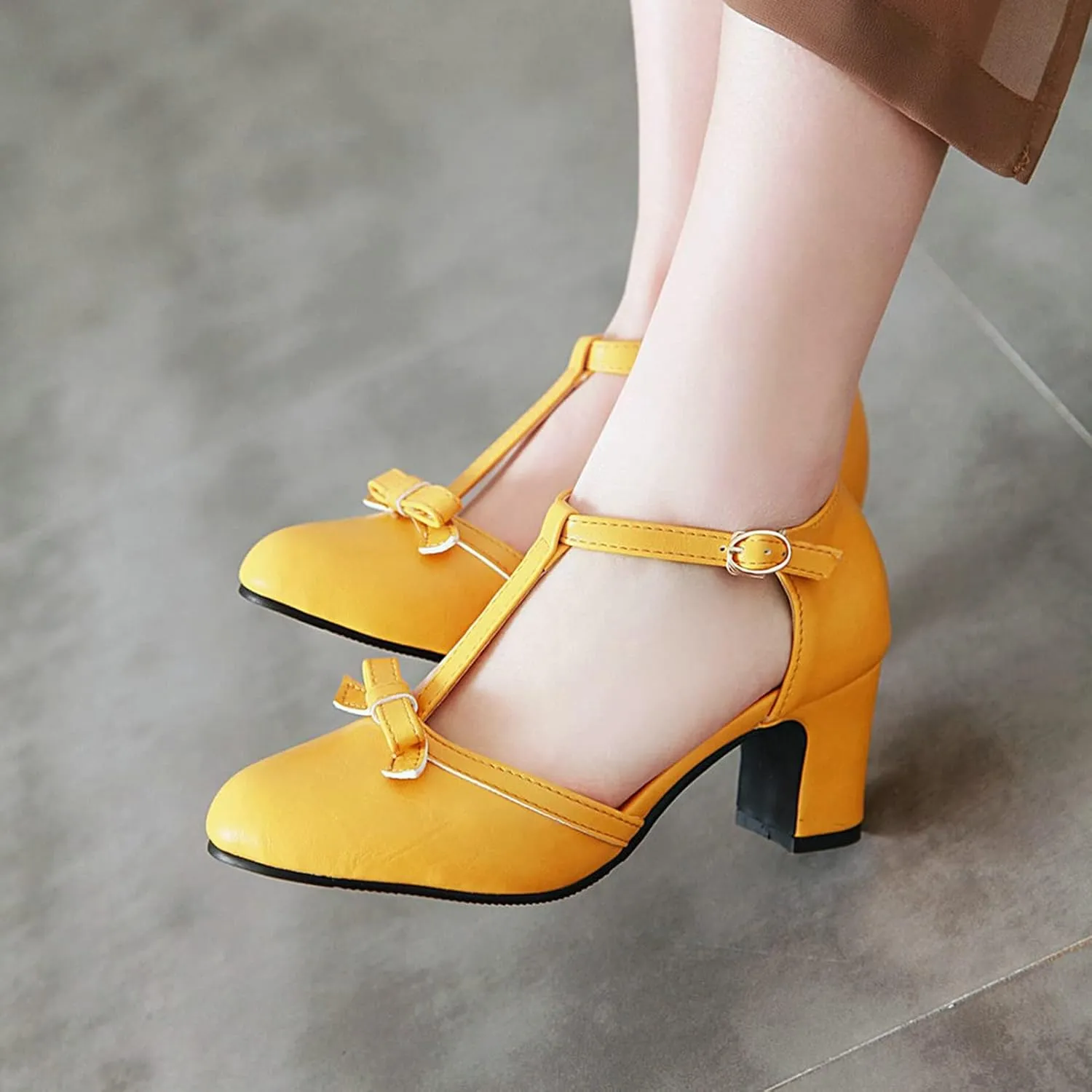 Womens Ankle T-Strap Pumps Bowknot Closed Toe Sandals Buckle Comfy Casual Block Mid Heel Dress Shoes