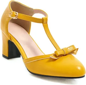 Womens Ankle T-Strap Pumps Bowknot Closed Toe Sandals Buckle Comfy Casual Block Mid Heel Dress Shoes