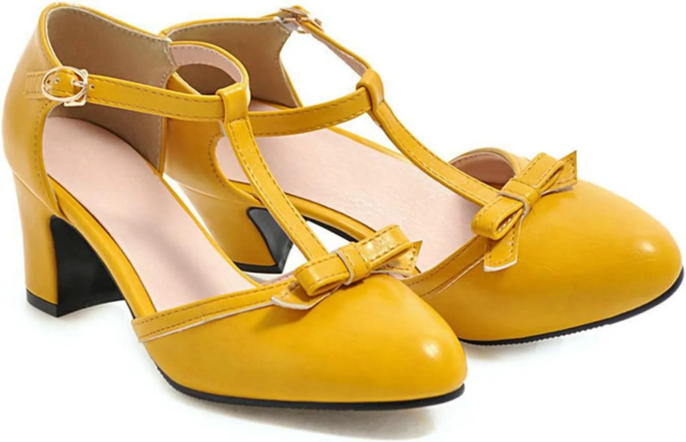 Womens Ankle T-Strap Pumps Bowknot Closed Toe Sandals Buckle Comfy Casual Block Mid Heel Dress Shoes
