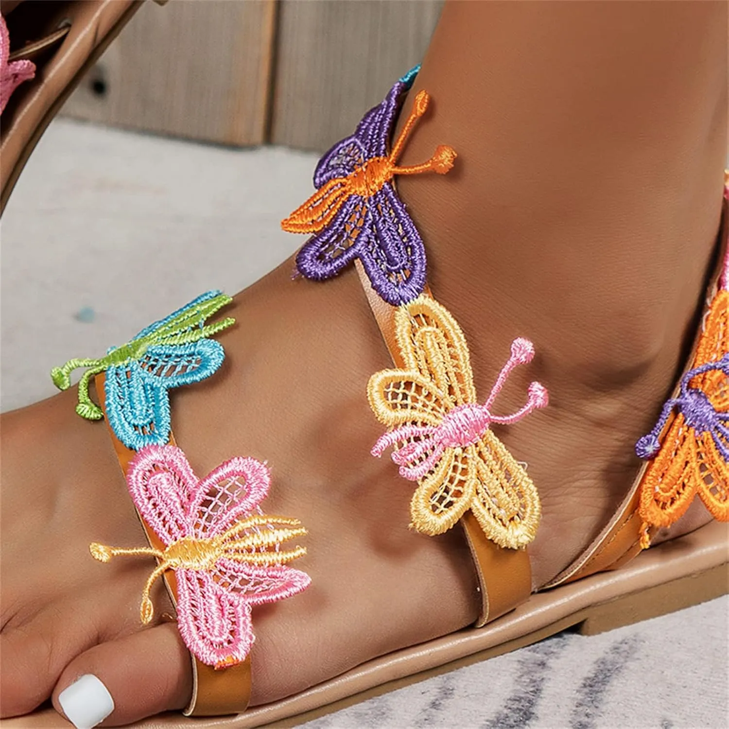 Women's Bohemia Thong Sandals Casual Clip Toe Butterfly Embroidered Flat Beach Flip Flop Summer Elegant Toe Ring Roman Comfy Dress Shoes Ethnic Style Walking Shoes,Color,US9/EU40