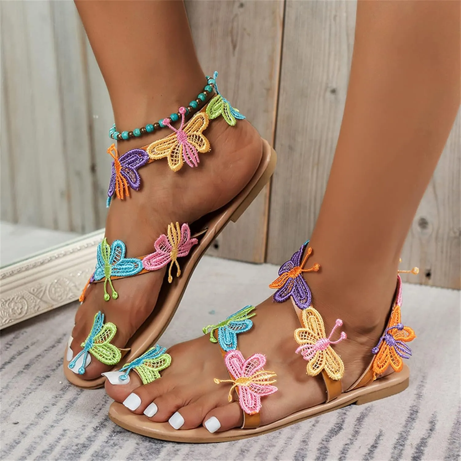 Women's Bohemia Thong Sandals Casual Clip Toe Butterfly Embroidered Flat Beach Flip Flop Summer Elegant Toe Ring Roman Comfy Dress Shoes Ethnic Style Walking Shoes,Color,US9/EU40