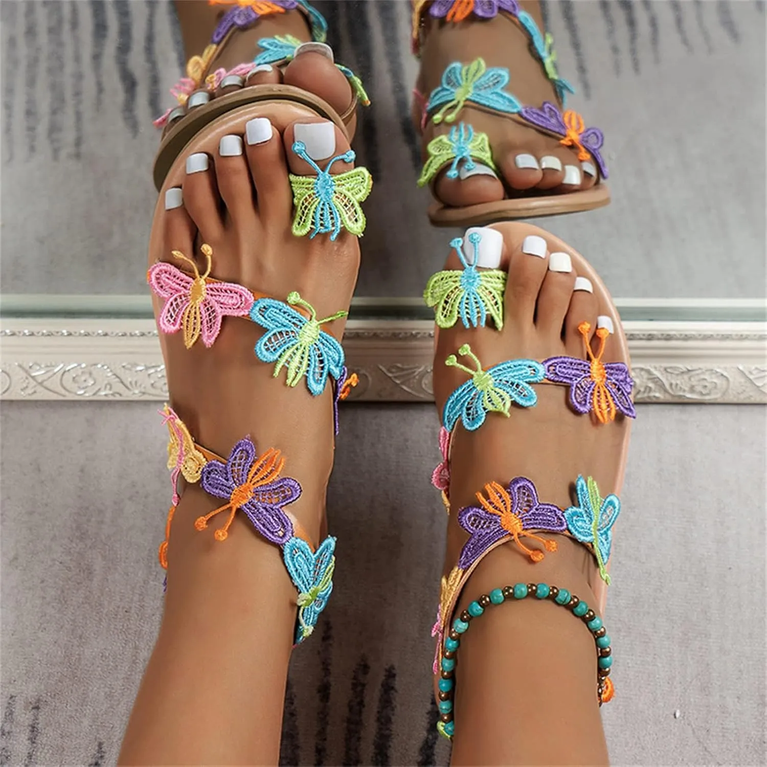 Women's Bohemia Thong Sandals Casual Clip Toe Butterfly Embroidered Flat Beach Flip Flop Summer Elegant Toe Ring Roman Comfy Dress Shoes Ethnic Style Walking Shoes,Color,US9/EU40