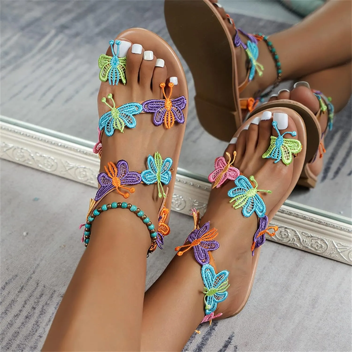Women's Bohemia Thong Sandals Casual Clip Toe Butterfly Embroidered Flat Beach Flip Flop Summer Elegant Toe Ring Roman Comfy Dress Shoes Ethnic Style Walking Shoes,Color,US9/EU40
