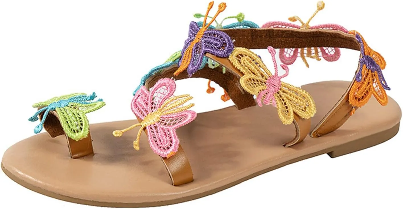 Women's Bohemia Thong Sandals Casual Clip Toe Butterfly Embroidered Flat Beach Flip Flop Summer Elegant Toe Ring Roman Comfy Dress Shoes Ethnic Style Walking Shoes,Color,US9/EU40