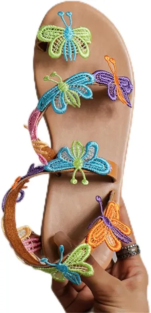 Women's Bohemia Thong Sandals Casual Clip Toe Butterfly Embroidered Flat Beach Flip Flop Summer Elegant Toe Ring Roman Comfy Dress Shoes Ethnic Style Walking Shoes,Color,US9/EU40