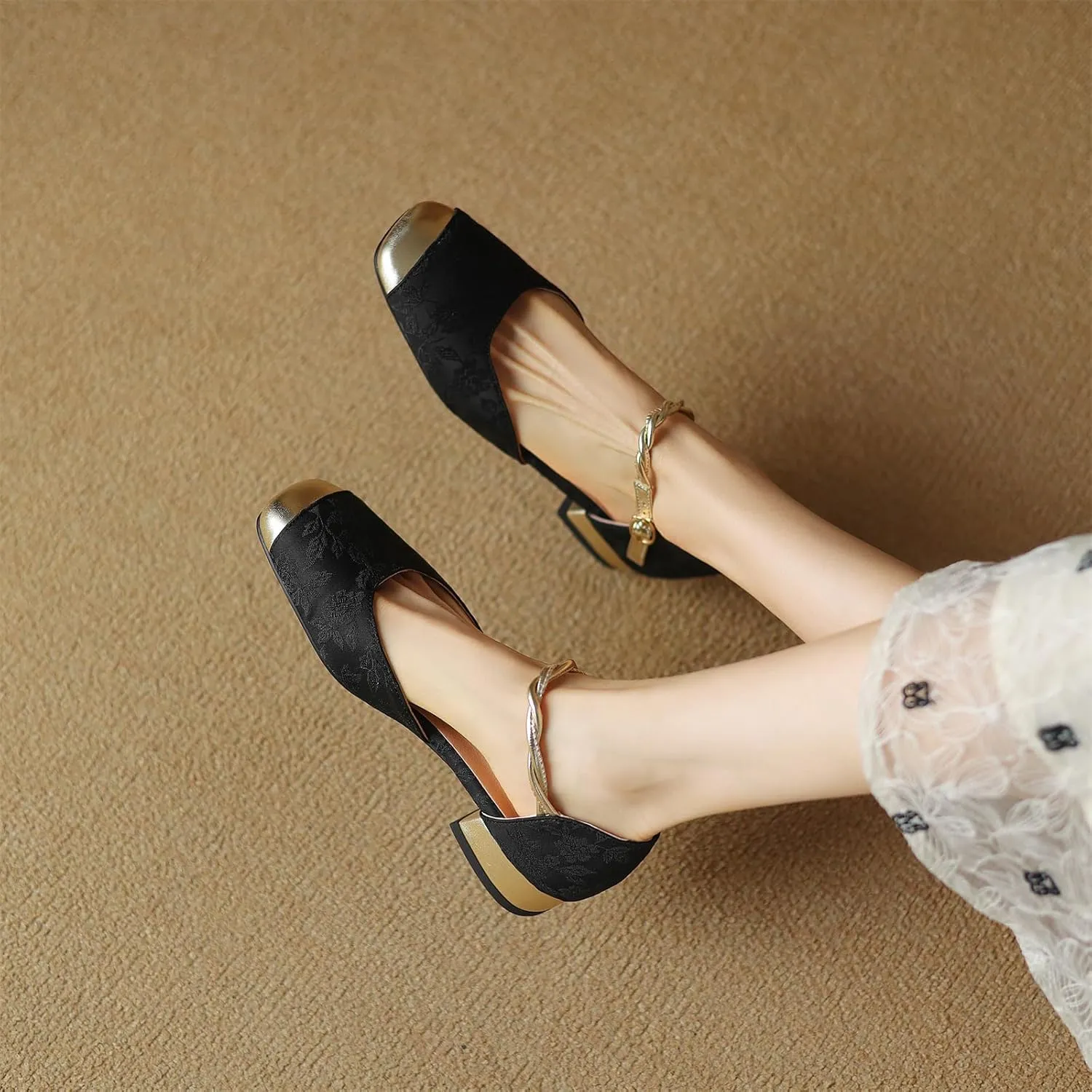 Women's Cap Square Closed Toe D'Orsay Pumps Embroidery Buckle Low Block Heel Rhinestone Cross Ankle Strap Classic Work Office Shoes Church Comfort Dress Party Shopping Dating Sandals