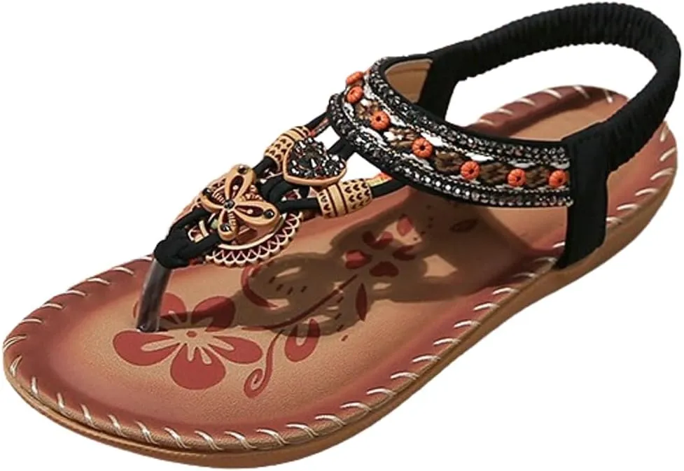 Womens Flat Sandal Arch Support Summer Beach Comfort Shoes 2025 Fashion Bohemian Beading Sandal