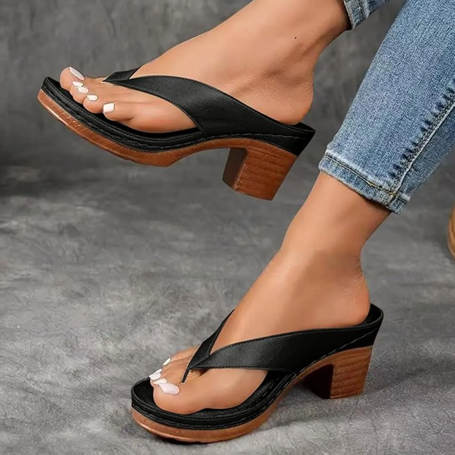 Women's Heeled Sandals Chunky Flip Flops Pumps Slip on Open Toe Square Toe Summer Wedge Shoes For Long Walk Beach Casual Thong