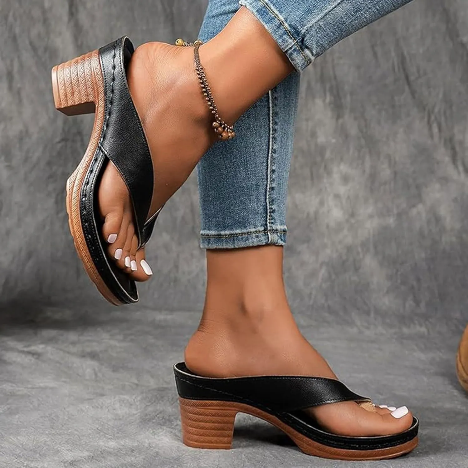 Women's Heeled Sandals Chunky Flip Flops Pumps Slip on Open Toe Square Toe Summer Wedge Shoes For Long Walk Beach Casual Thong
