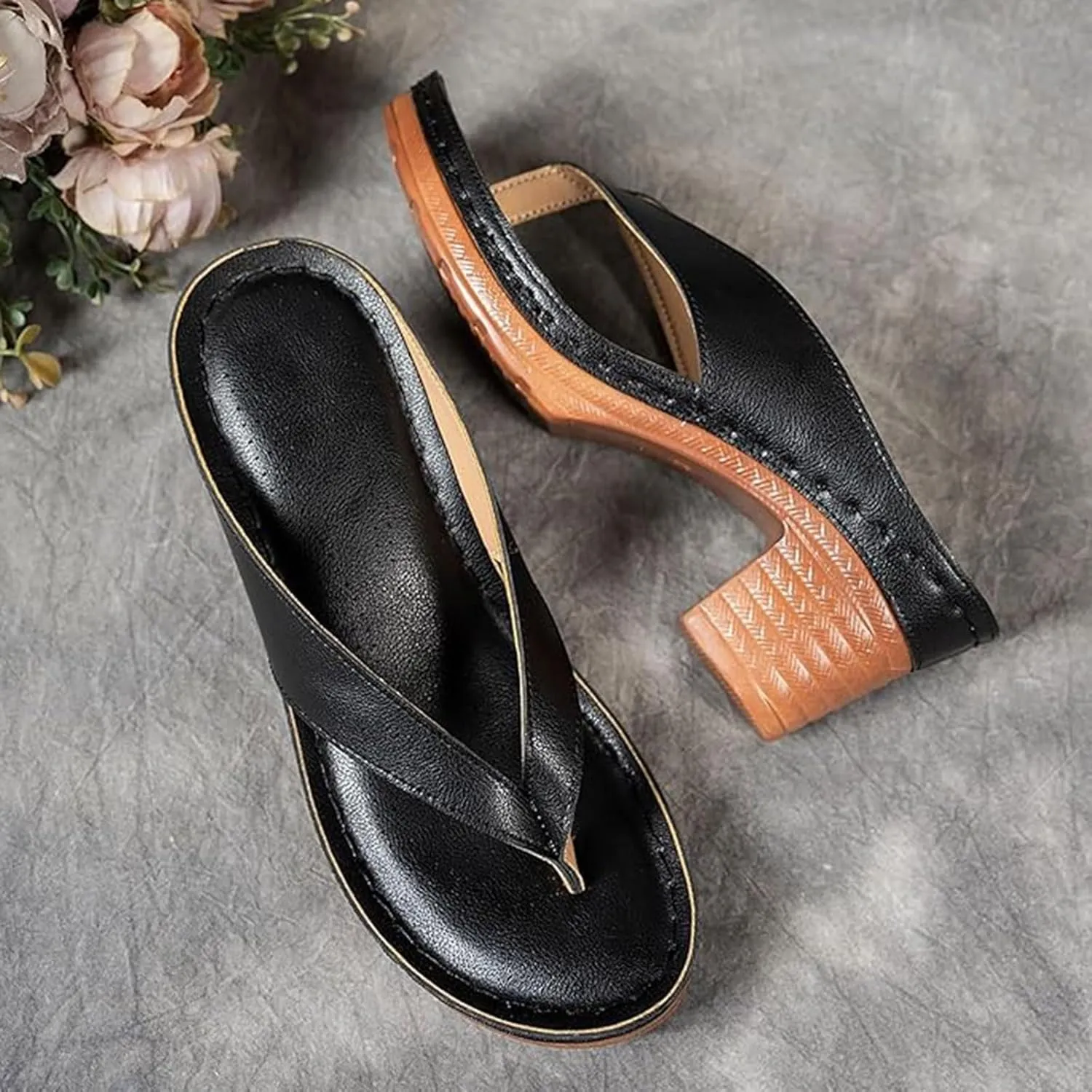 Women's Heeled Sandals Chunky Flip Flops Pumps Slip on Open Toe Square Toe Summer Wedge Shoes For Long Walk Beach Casual Thong
